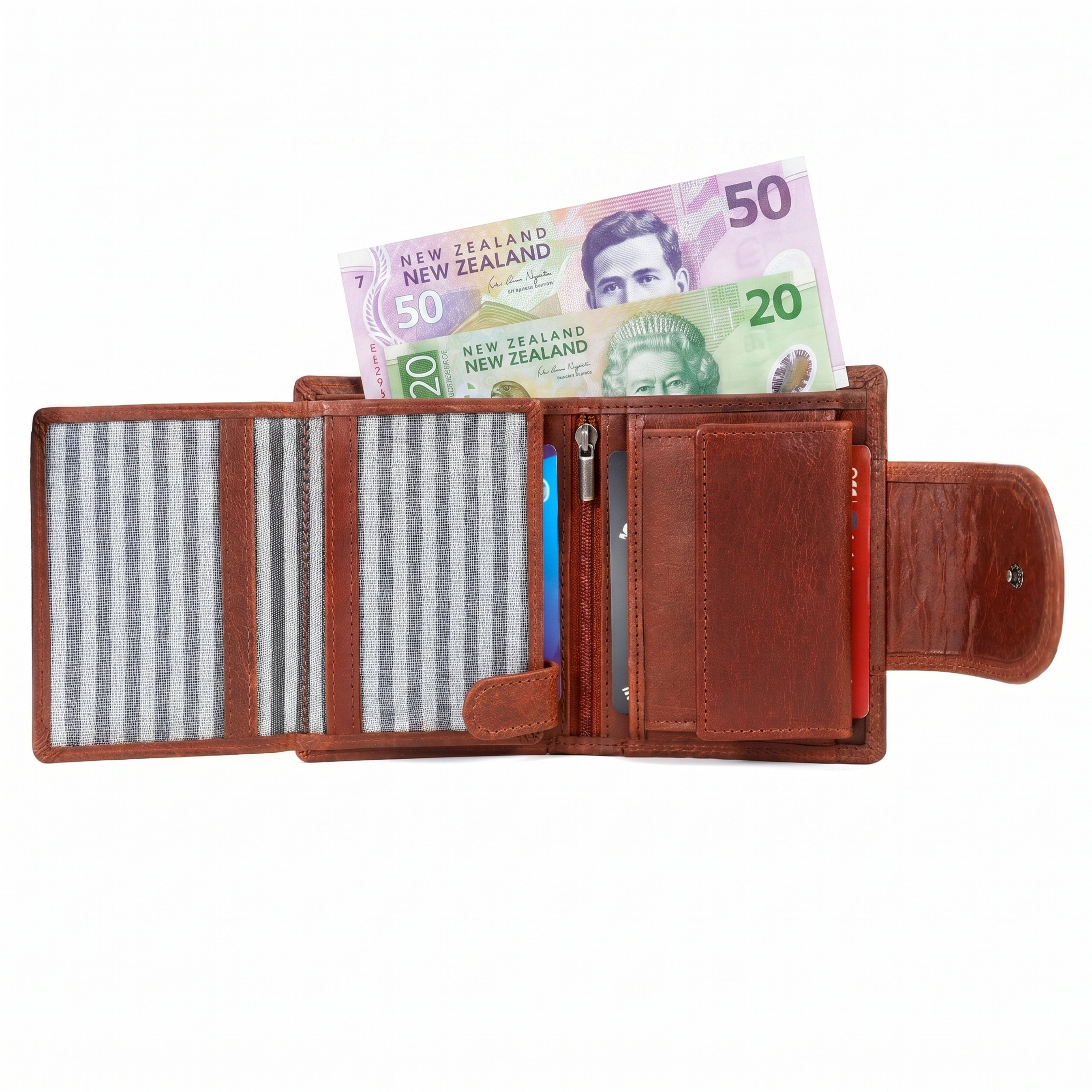 GM Leather compact trifold wallet detailing the currency compartment with New Zealand dollar notes, card holder matrices, zipper pocket, and coin pocket