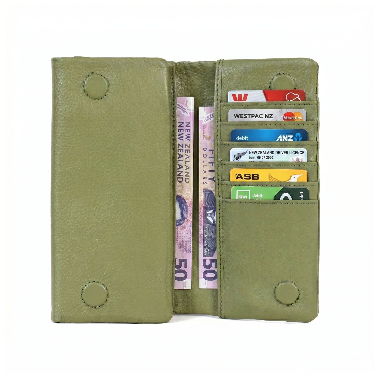 GM Leather handcrafted womens wallet interior showing multiple card slots, transparent ID window, and New Zealand currency