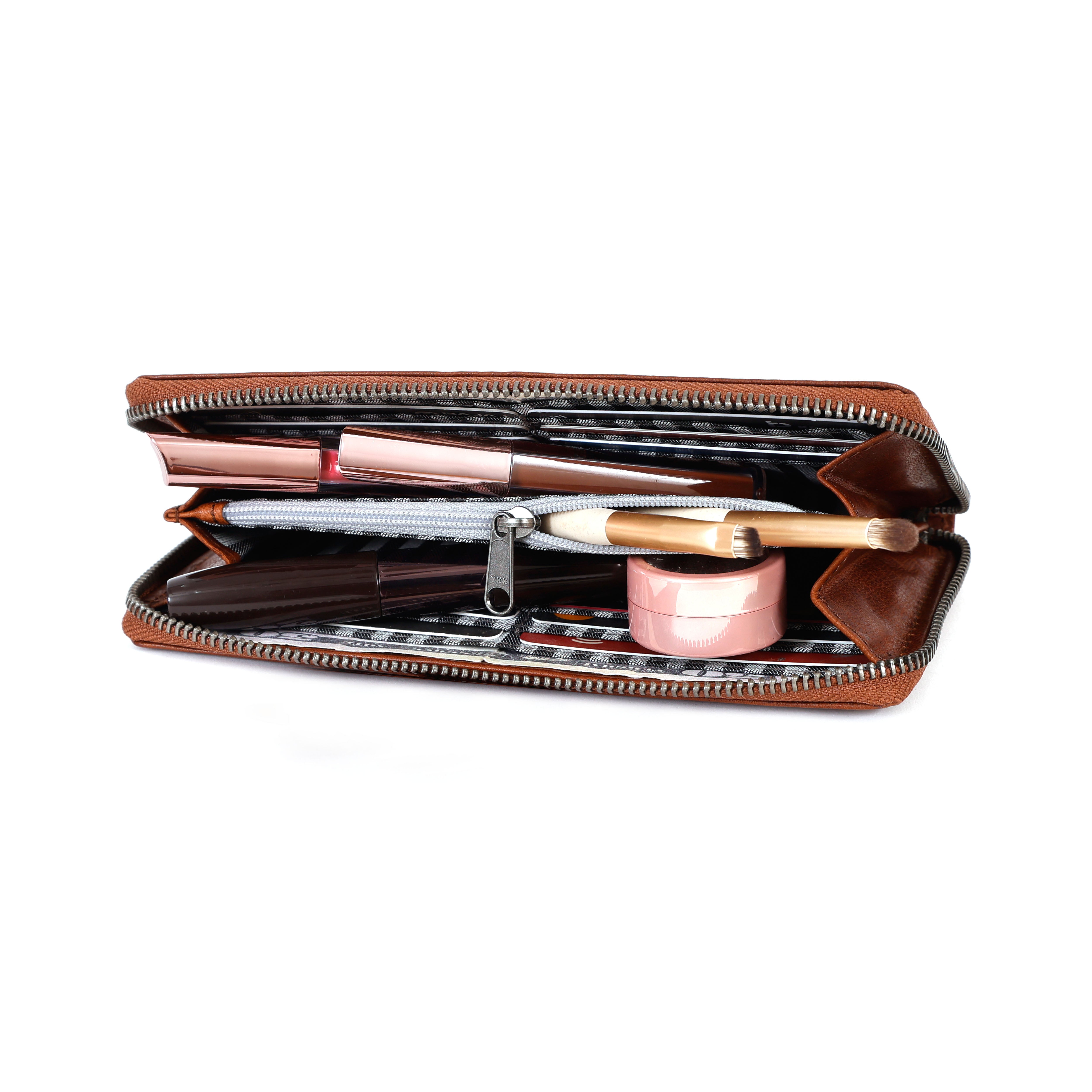 Leather womens clutch wallet showing card holder slots and daily essential pocket with makeup as seen
