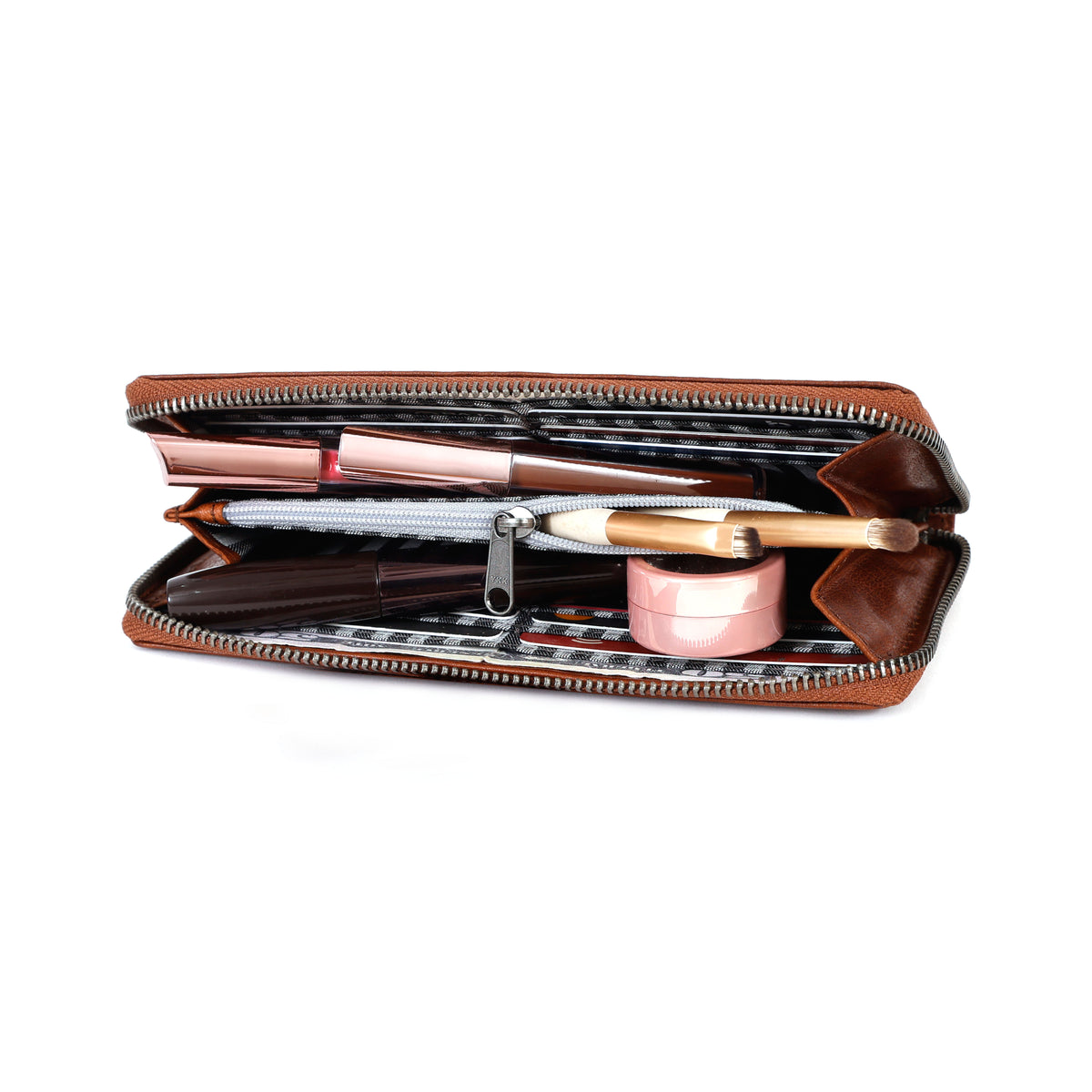 Leather womens clutch wallet showing card holder slots and daily essential pocket with makeup as seen
