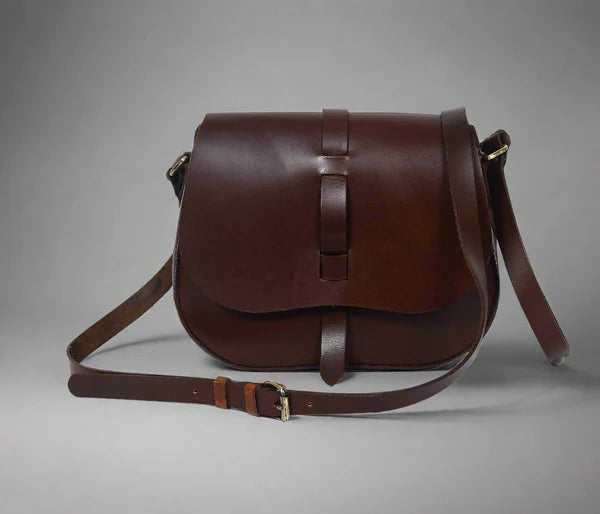 GM Leather Auckland dark brown full-grain leather crossbody satchel bag with buckle strap, ideal vintage-style shoulder bag for daily use or purchase at Lynnmall New Lynn NZ