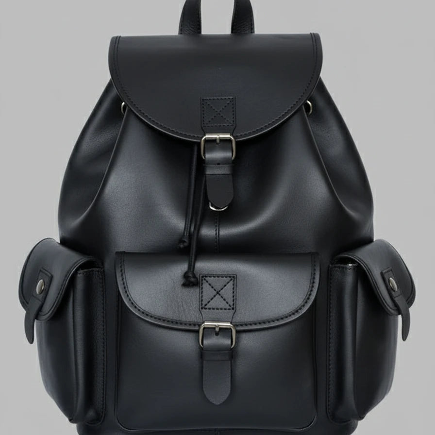 GM Leather Auckland dark brown full-grain leather drawstring bucket backpack with multiple external buckle pockets, perfect rugged rucksack for travel or purchase at Lynnmall New Lynn NZ.