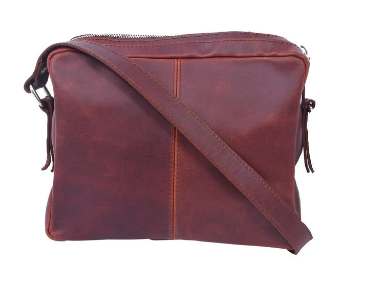 GM Leather Auckland rustic brown full-grain leather square crossbody shoulder bag with adjustable strap, compact travel satchel available for purchase at Lynnmall New Lynn NZ