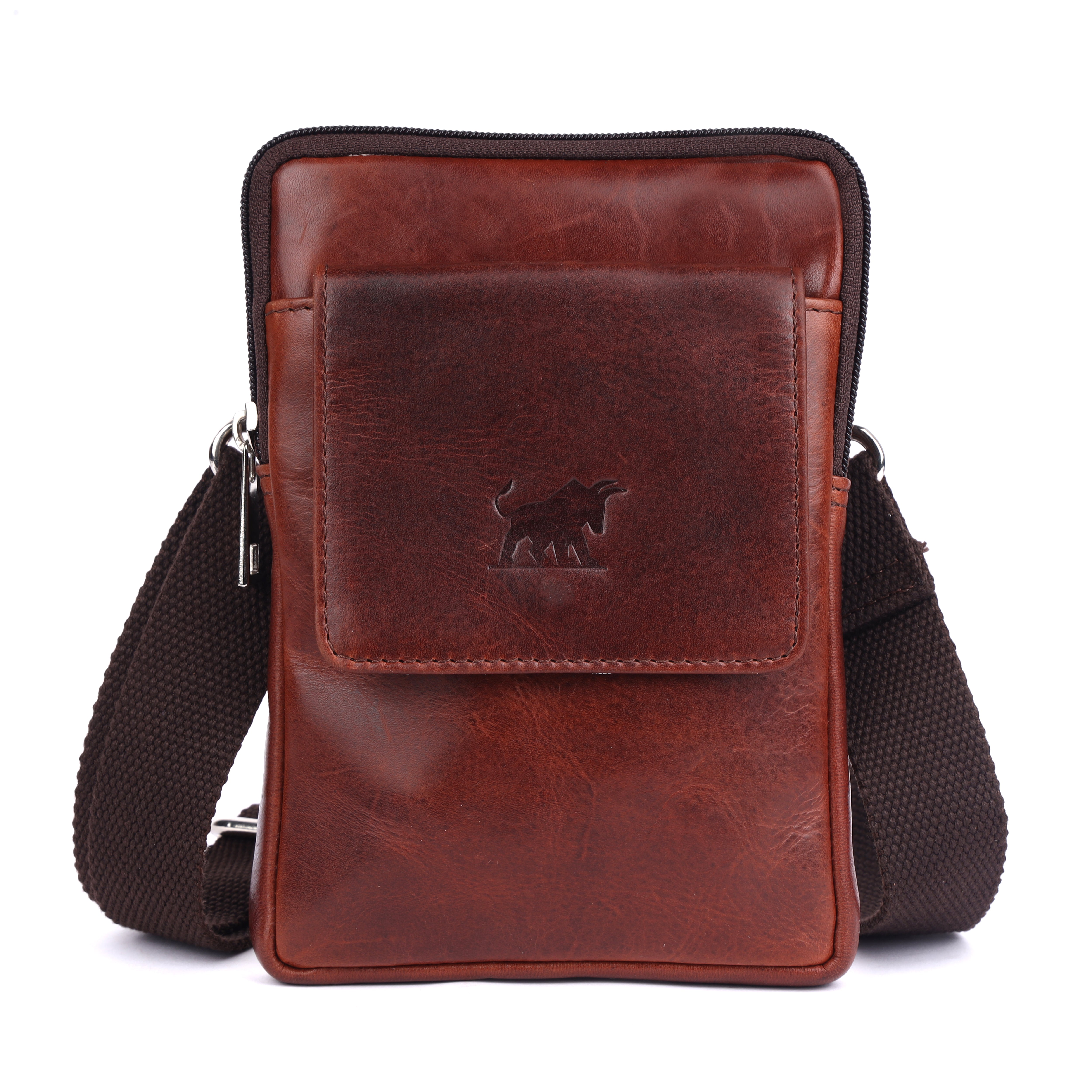 GM Leather Auckland premium men's leather crossbody bag in cognac brown featuring a debossed front flap pocket and adjustable shoulder strap.