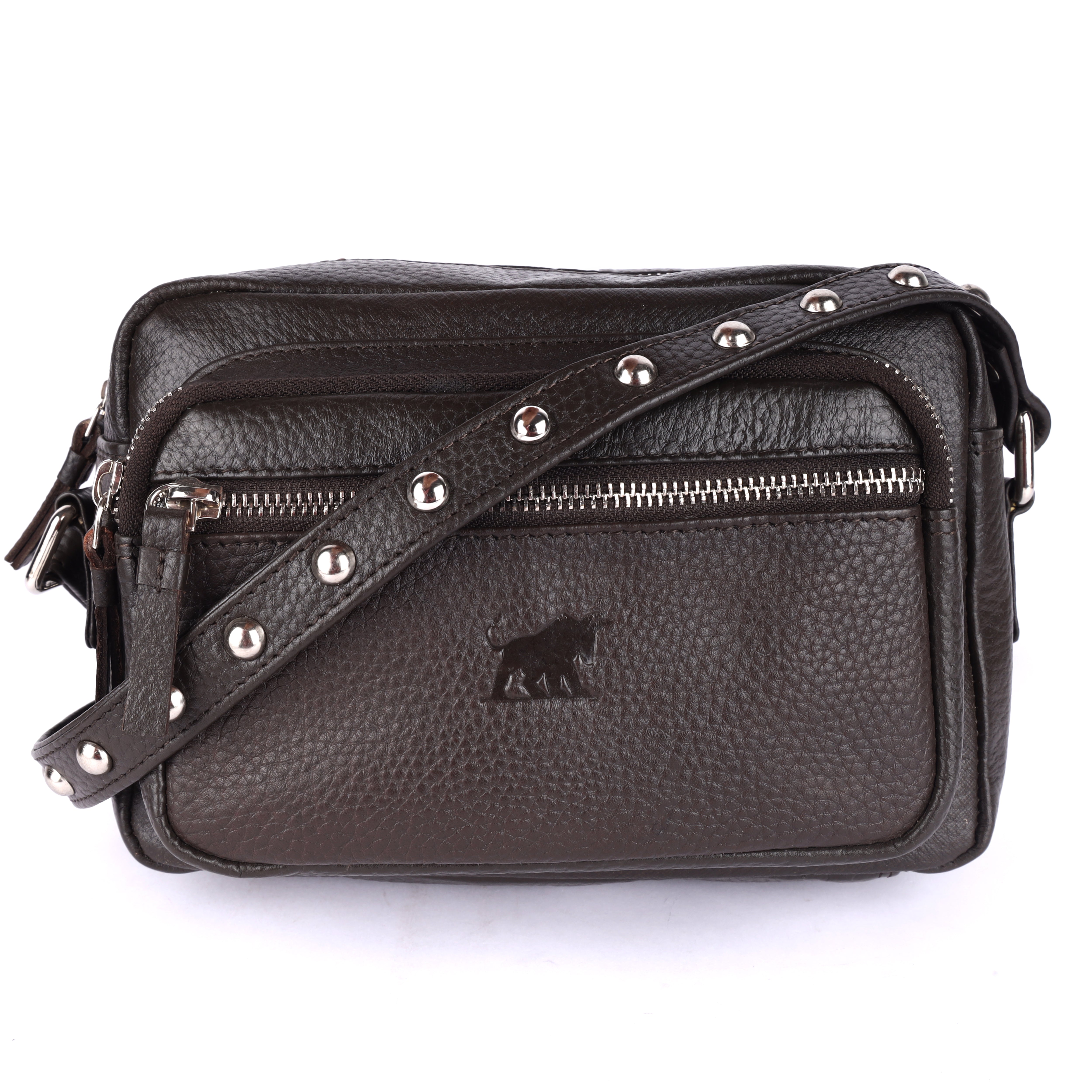 GM Leather Auckland premium men's leather messenger bag in dark brown pebble-grain leather featuring a distinct studded leather strap and a front zip pocket.