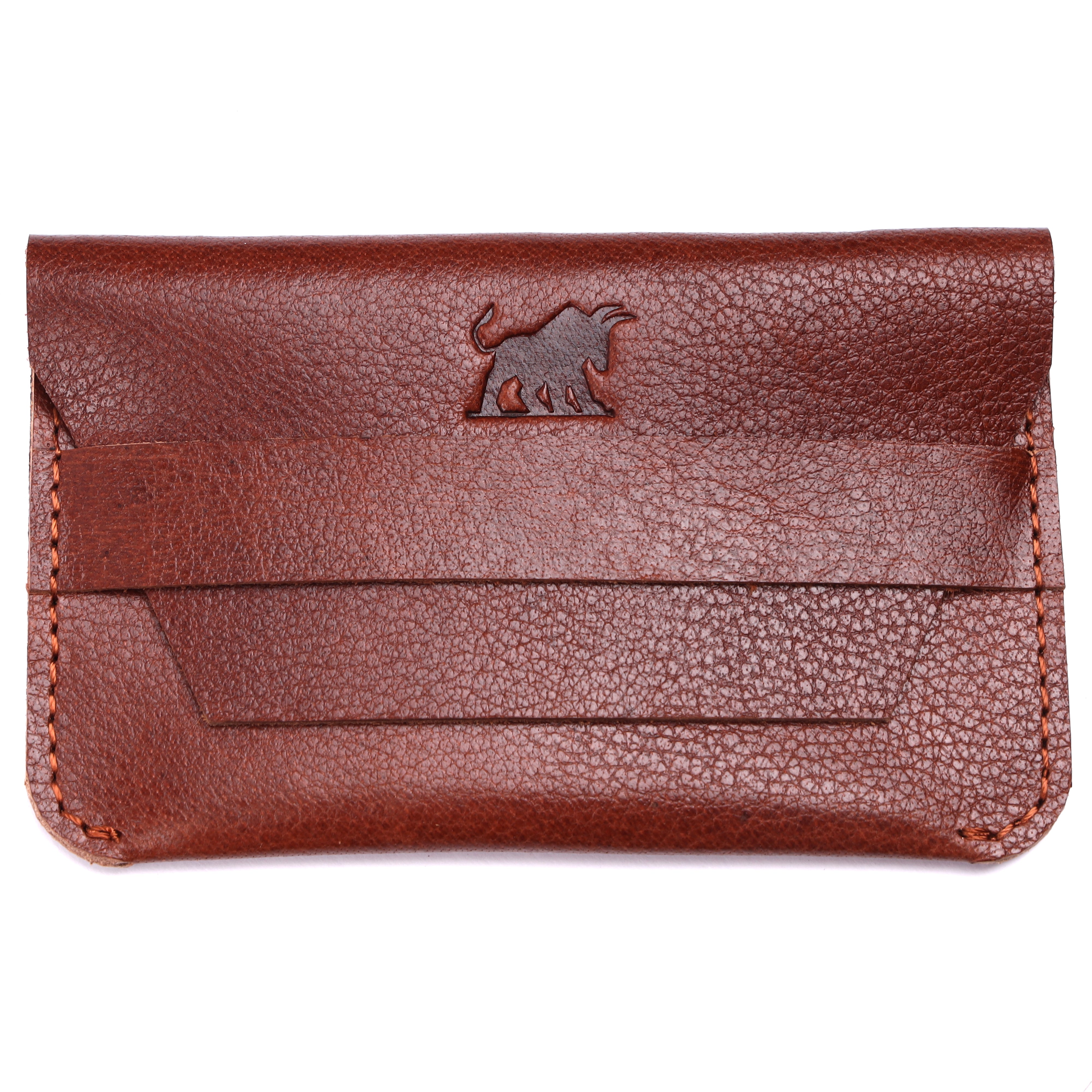 GM Leather Auckland men's slim brown full-grain textured leather card wallet featuring a front slot and an embossed bull logo.