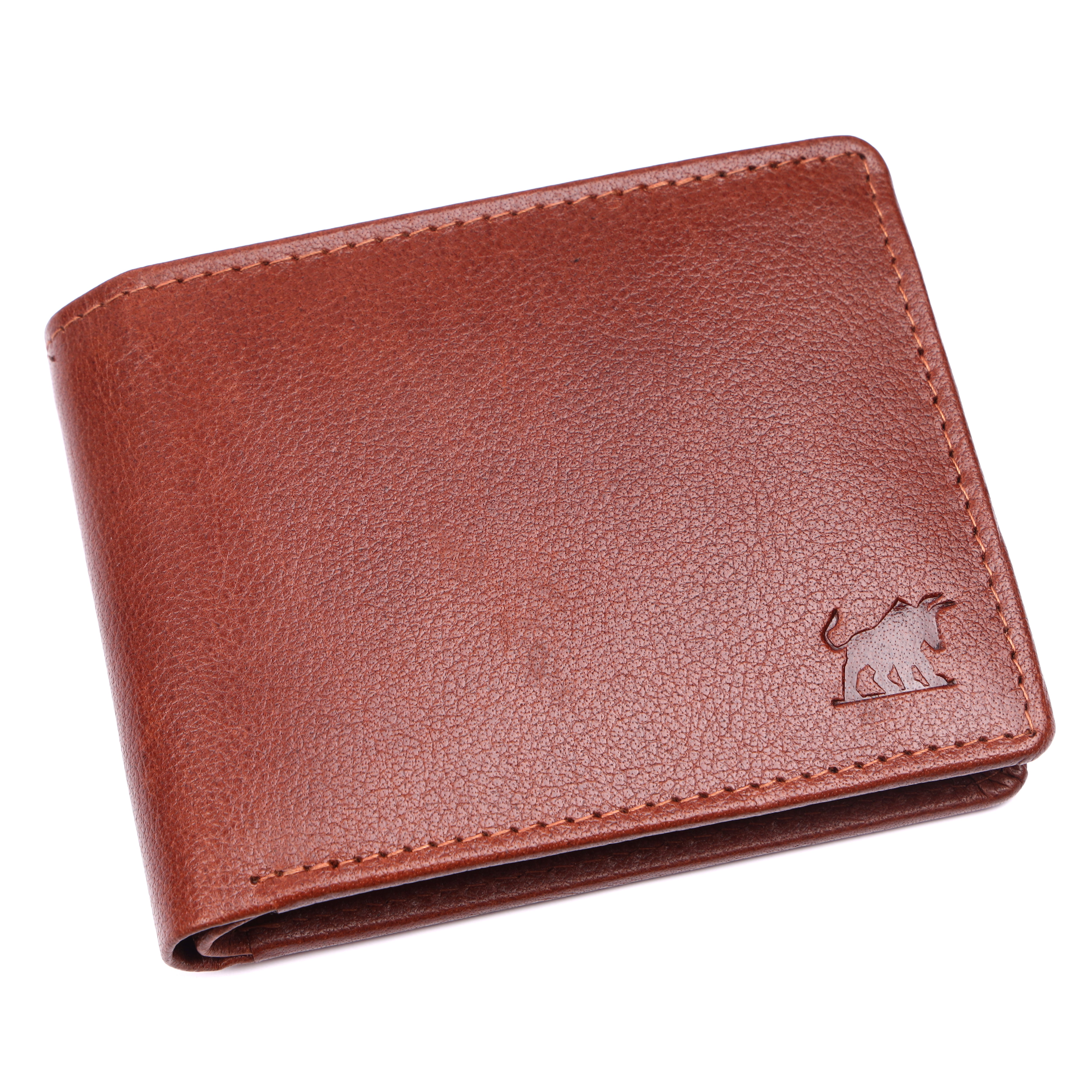 Handcrafted men's tan brown genuine full-grain leather RFID bi-fold wallet featuring stamped bull logo by GM Leather Auckland.