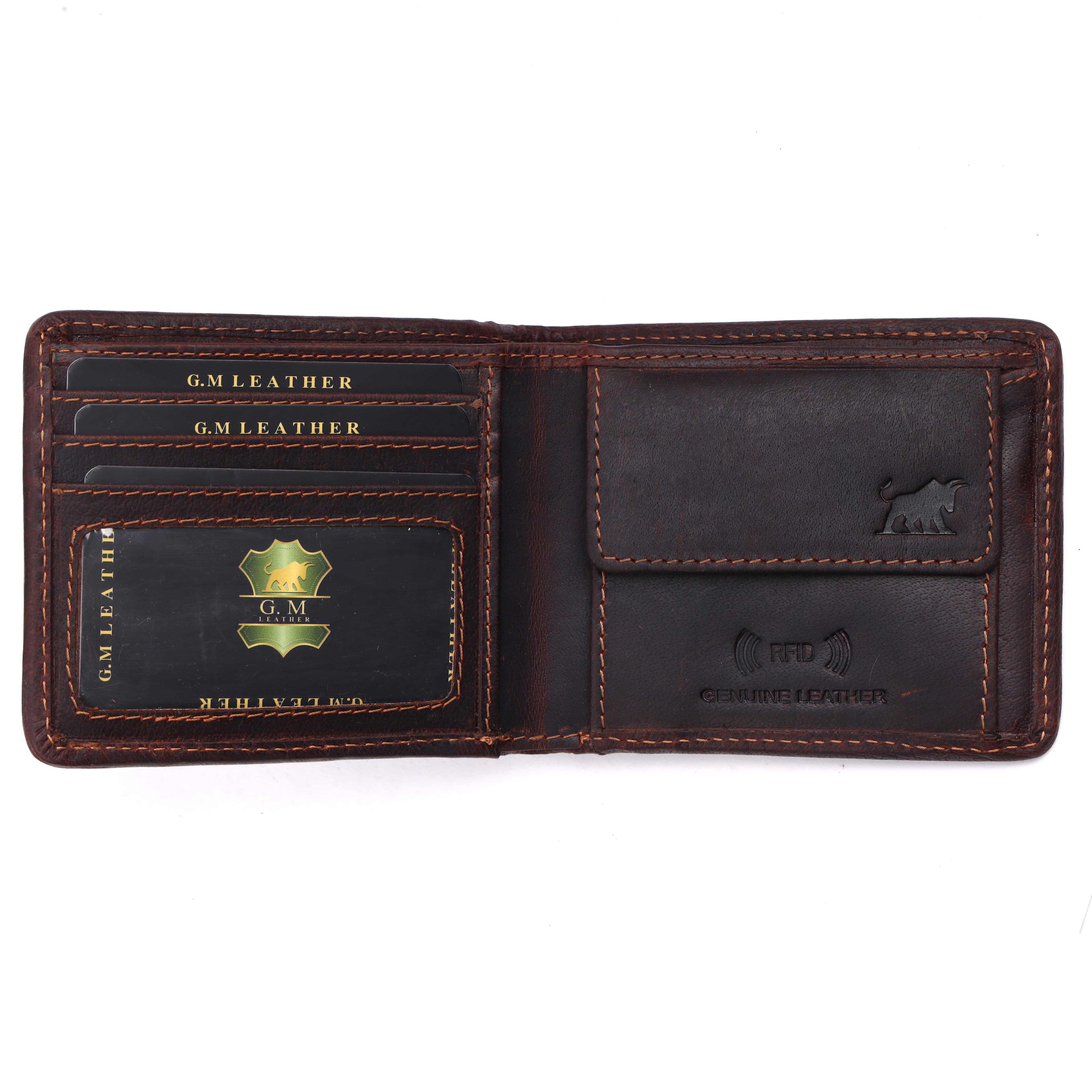 GM Leather brown woven bifold wallet showing the card slots, a transparent ID window, an integrated snap-button coin pouch, and an embossed heritage bull logo with RFID protection branding.