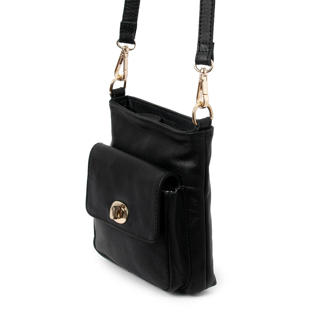 A premium GM Leather black crossbody purse with a gold twist-lock closure and adjustable strap, handcrafted quality available at LynnMall, Auckland.