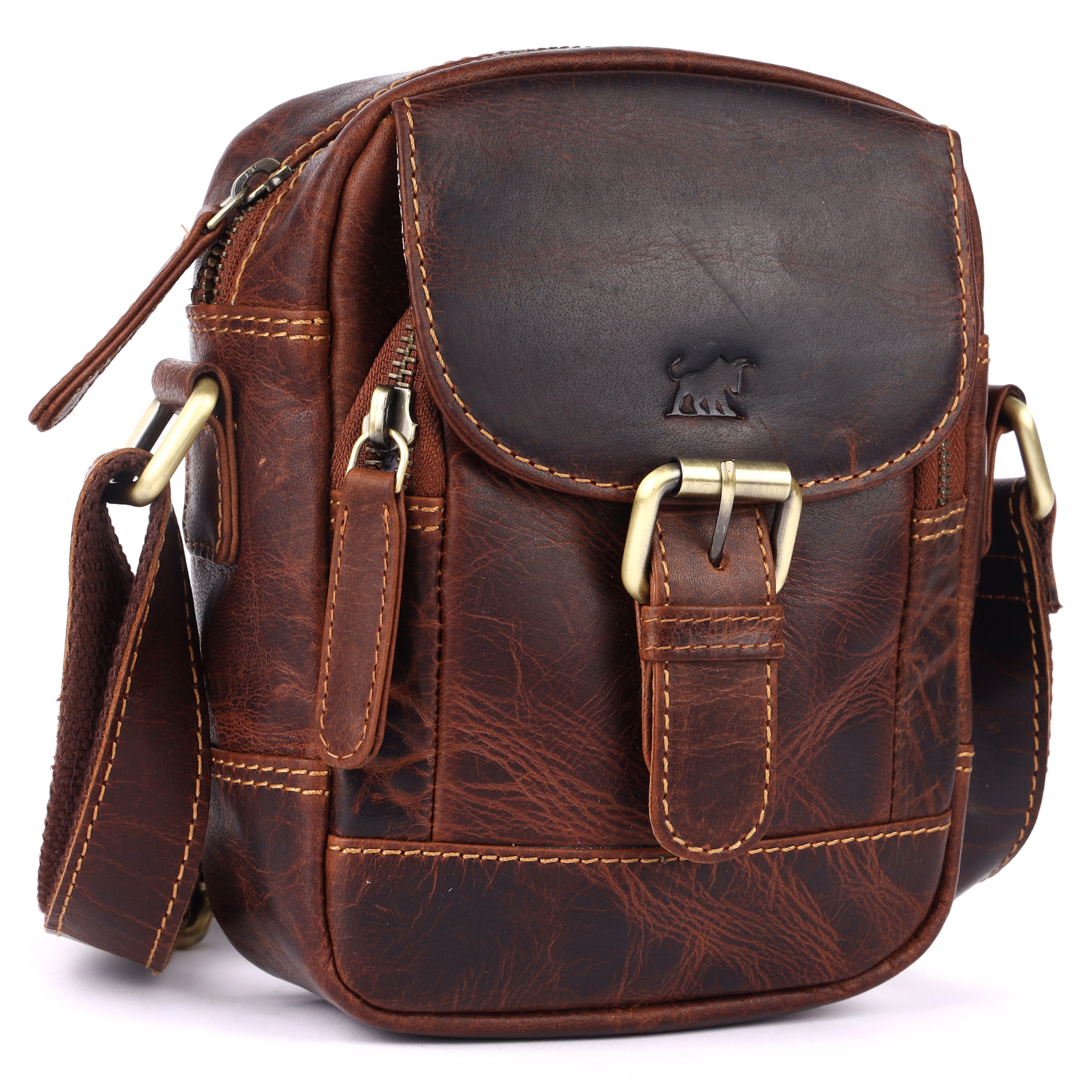 GM Leather Auckland vintage brown full-grain leather crossbody bag with front flap, brass buckle accents, and adjustable strap.