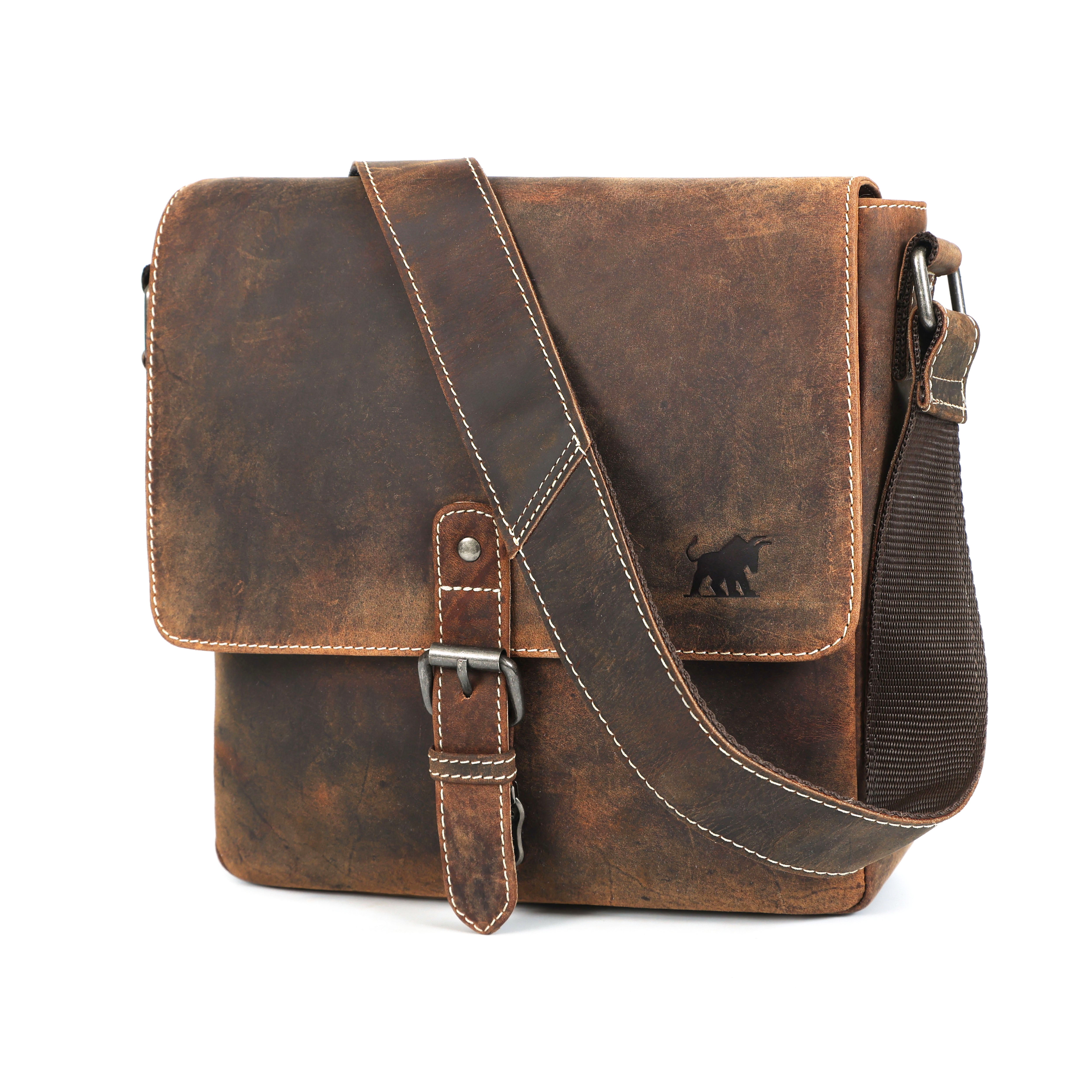 distressed hunter leather messenger bag with a flap closure, buckle, and a bull logo