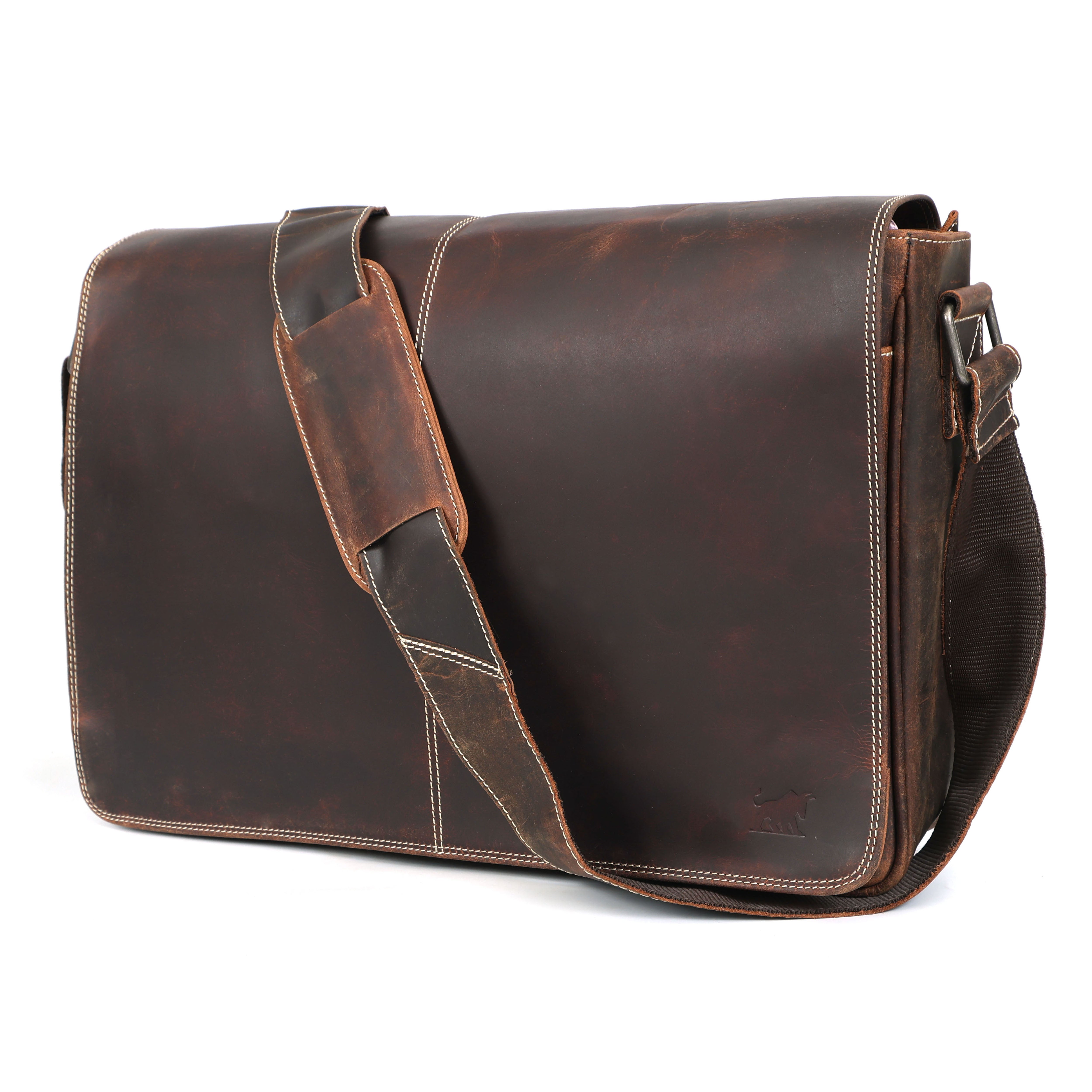 HunterCraft Prestige Full-Grain Leather Messenger Bag in rich hunter brown leather, showing handcrafted stitching, secure flap closure, and luxury design for professionals.