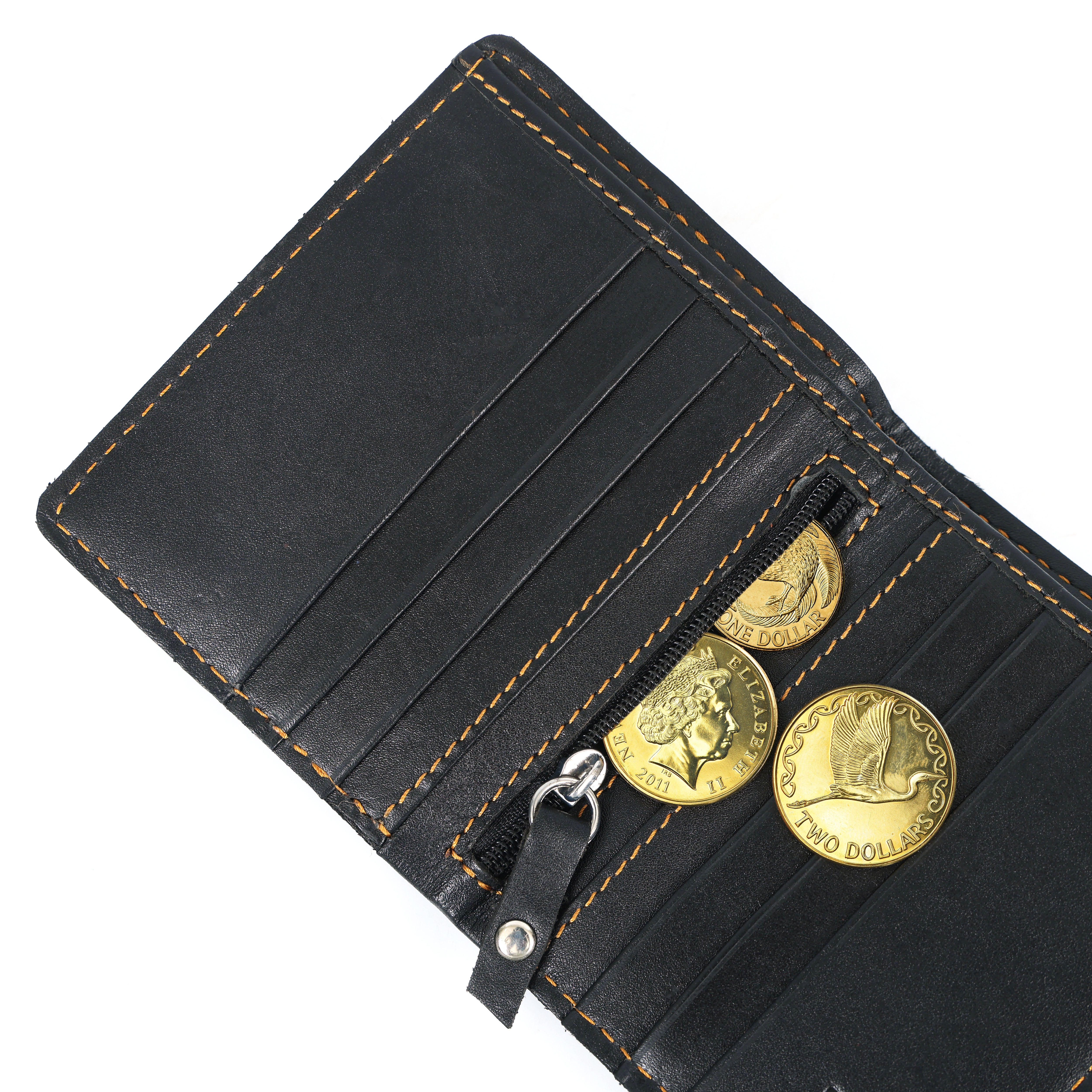 Detailed image of ImperialCraft premium men’s wallet highlighting artisan stitching and craftsmanship in black Italian leather.