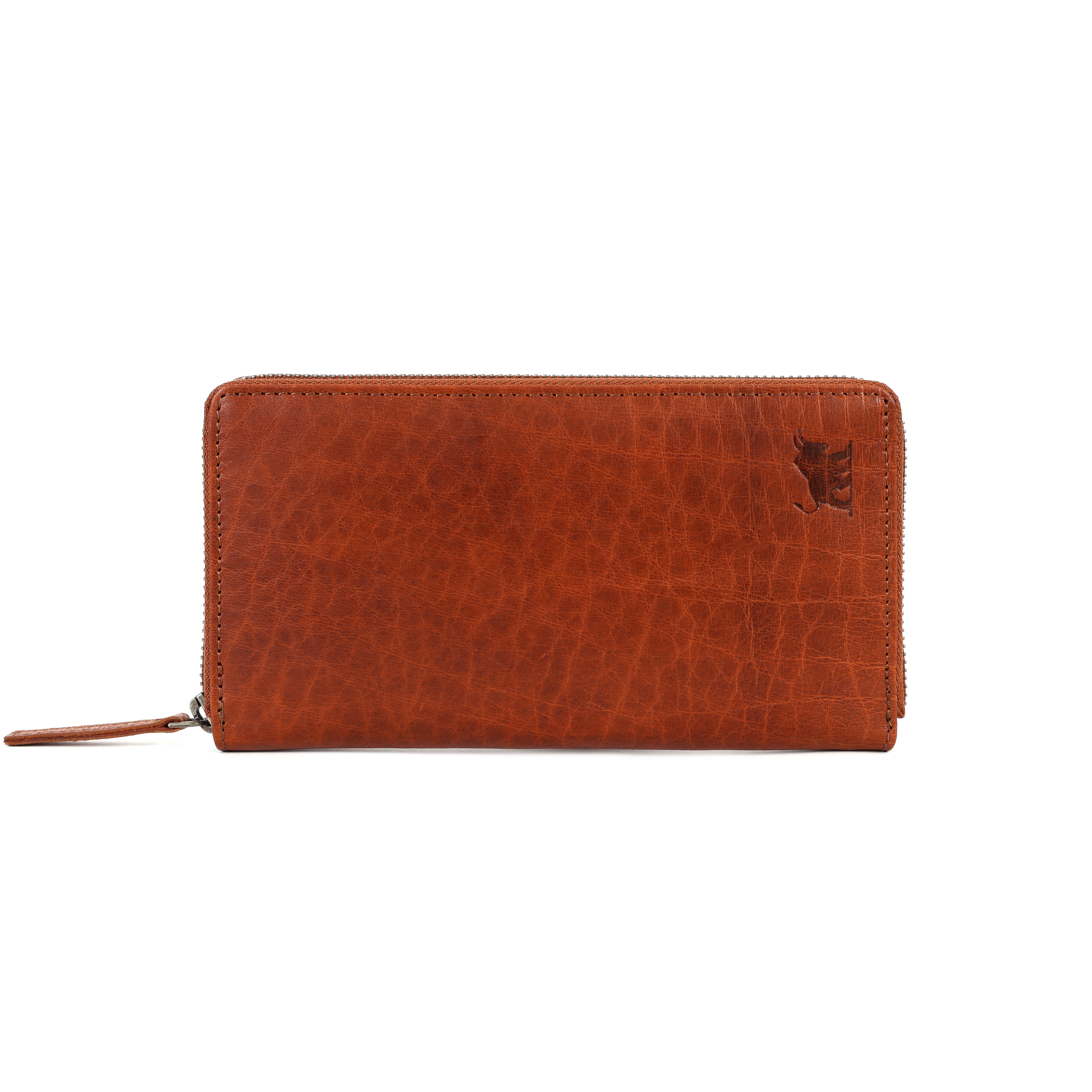 Auckland premium brown full grain leather clutch wallet for women with debossed bull logo as shown
