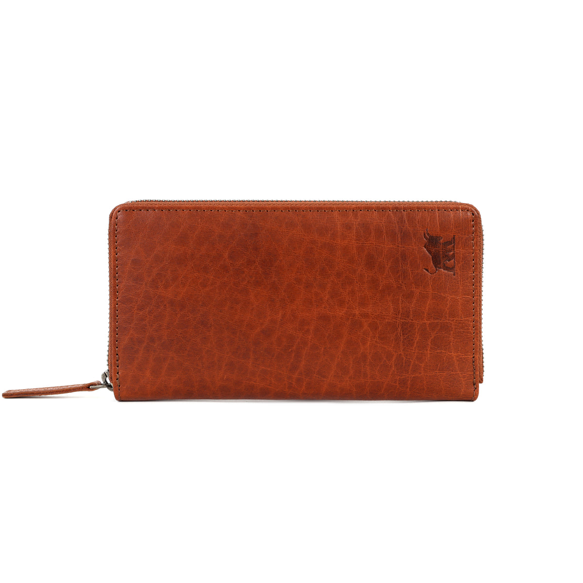 Auckland premium brown full grain leather clutch wallet for women with debossed bull logo as shown