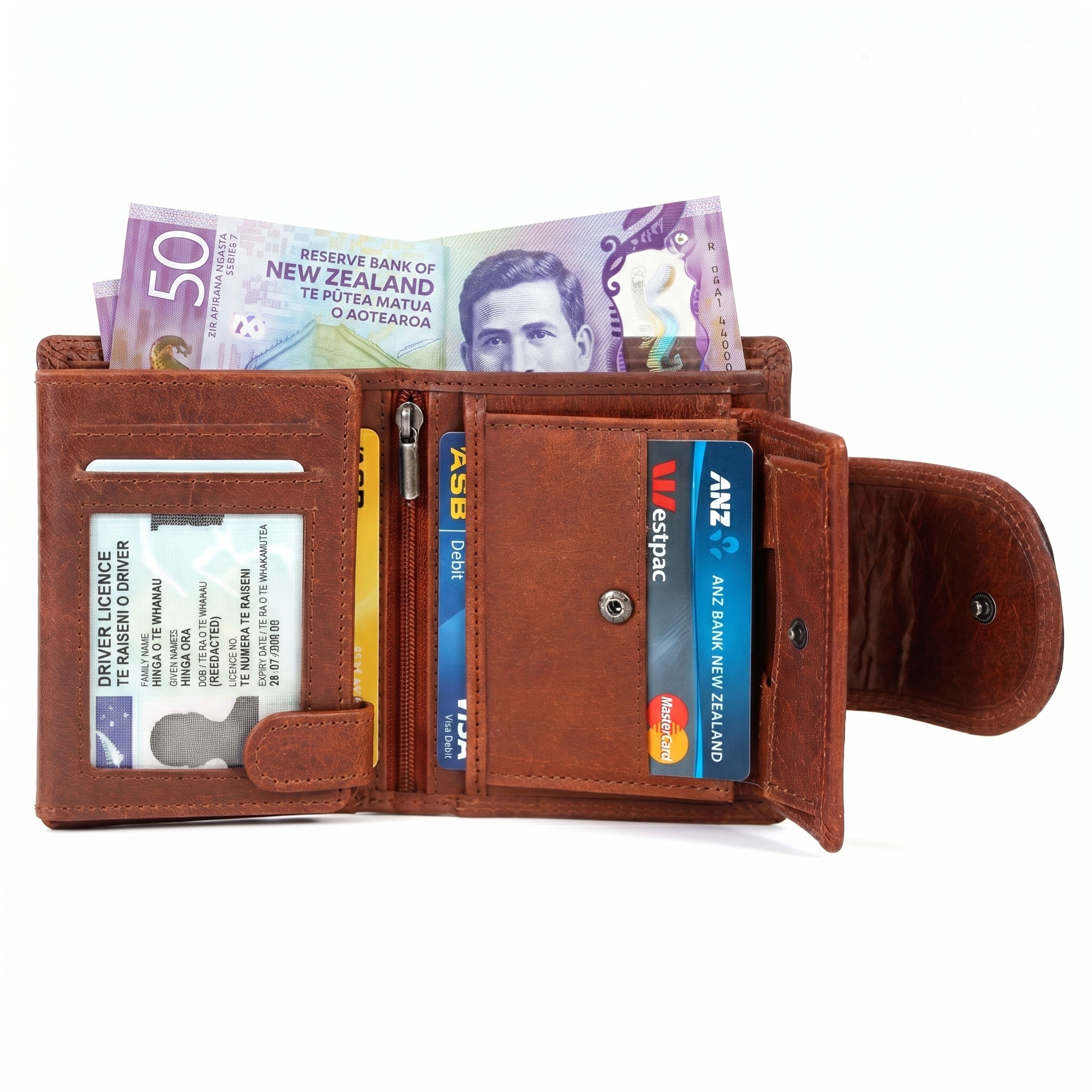 GM Leather womens leather wallet highlighting the transparent driver's licence slot, card slots, and integrated coin and card pocket