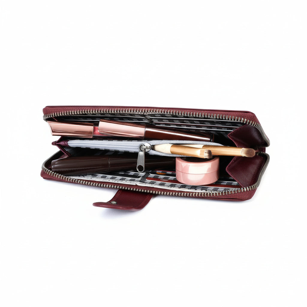 GM Leather womens leather wallet showing card holder slots and daily essential pocket with cosmetic items as seen
