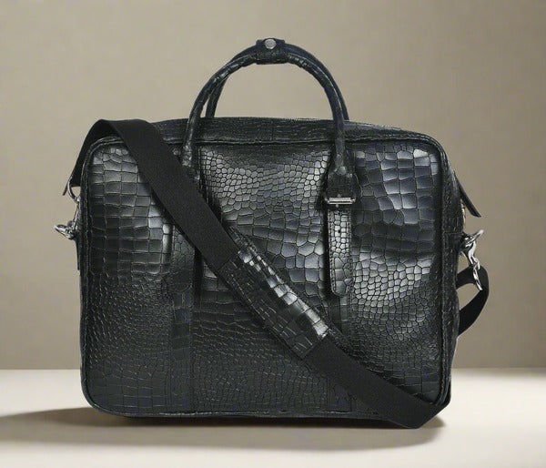 Black crocodile-embossed leather briefcase for men, luxury finish, executive laptop bag with shoulder strap, GM Leather Auckland