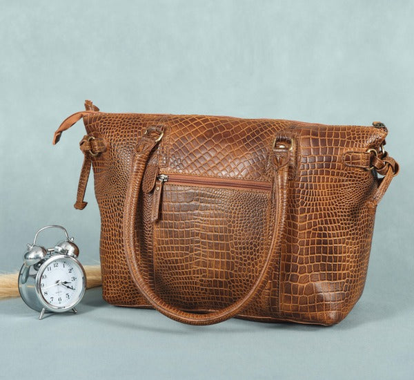 Bronze croc-embossed leather tote bag with shoulder handles, luxury women's handbag, top zip closure, GM Leather Auckland