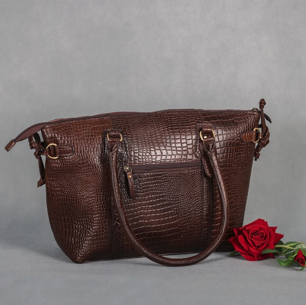 Brown croc-embossed leather tote bag with shoulder handles, luxury women's handbag, top zip closure, GM Leather Auckland