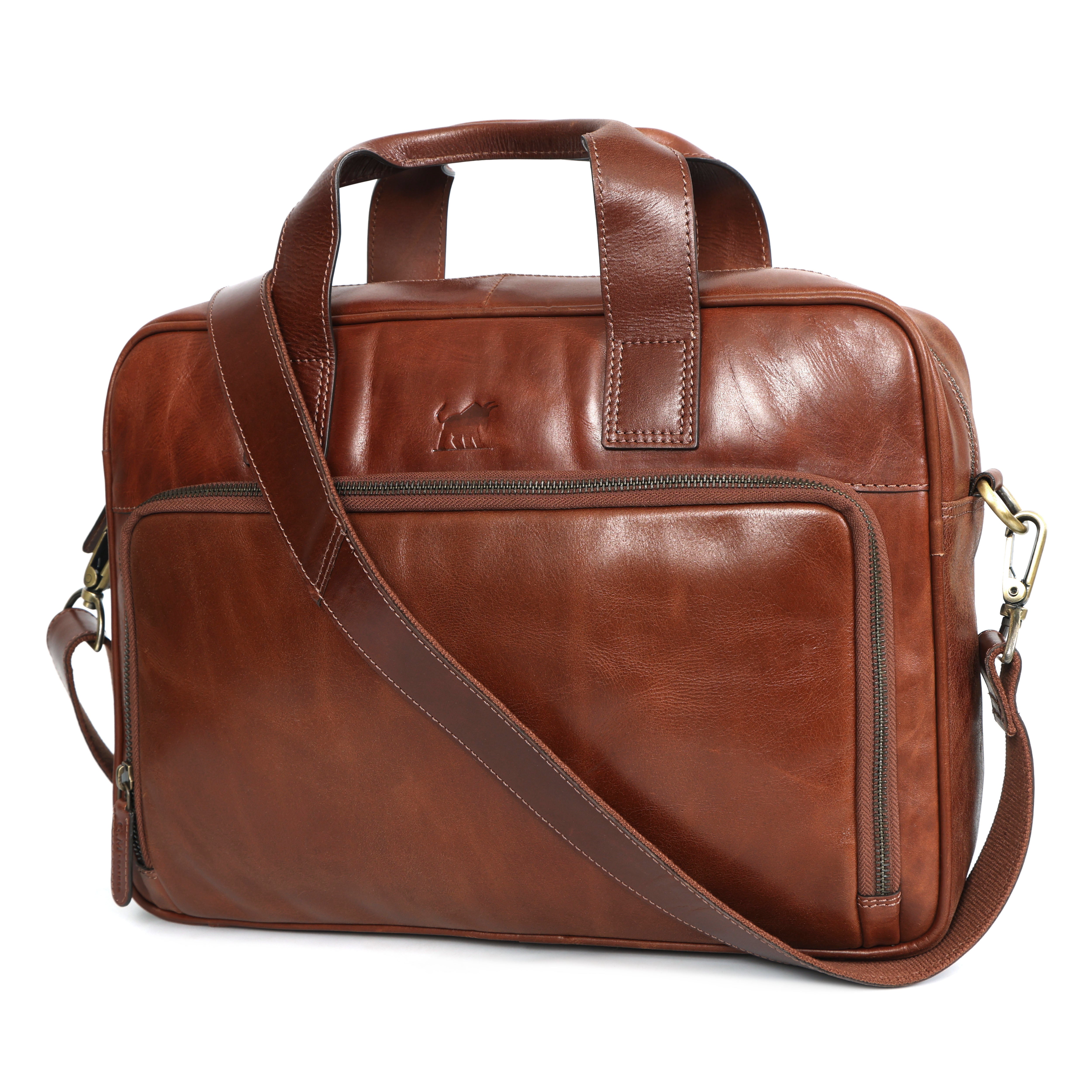 Front view of a luxury men's tan full-grain leather briefcase with a top handle, detachable shoulder strap, and a front zippered pocket.