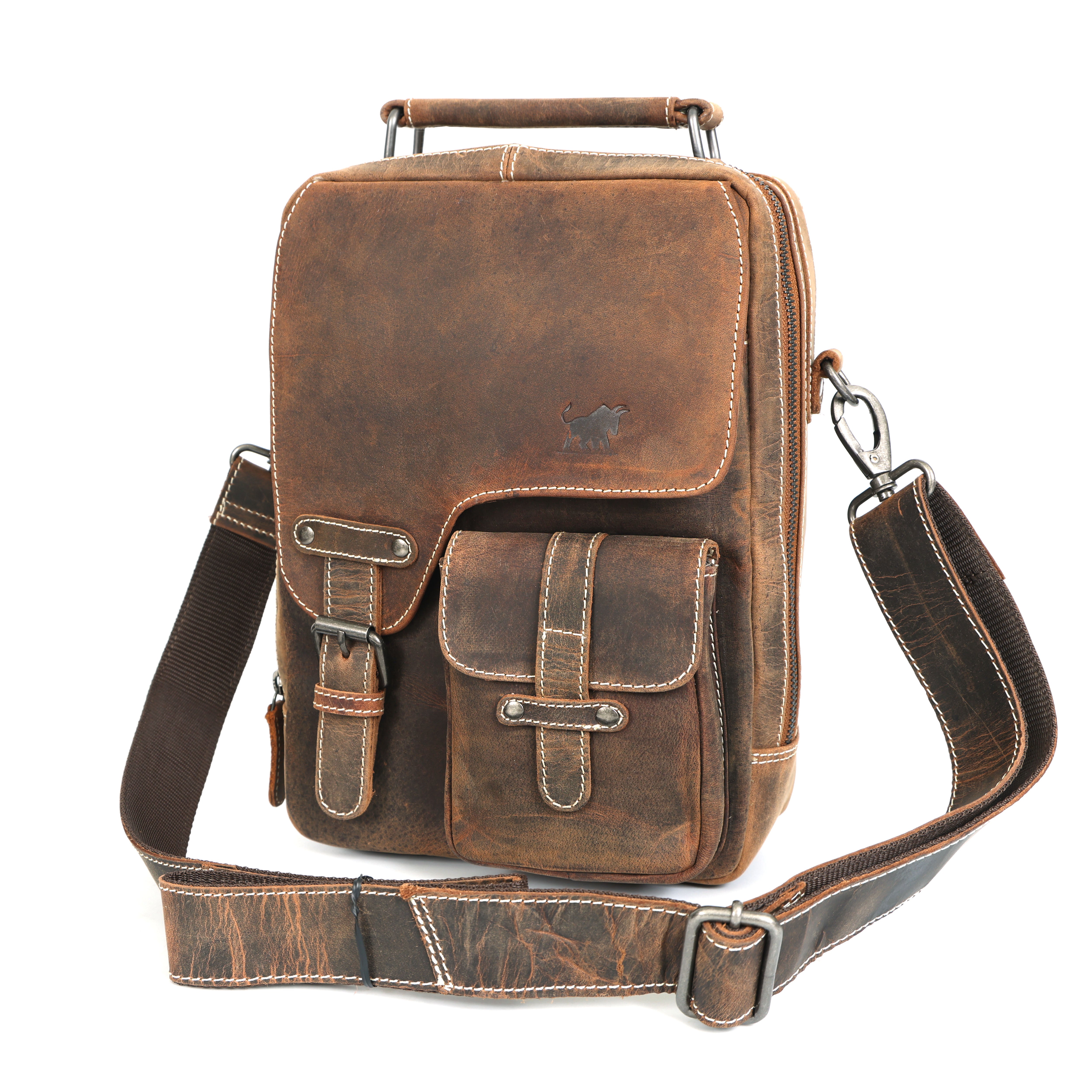 Matador men's brown hunter leather sling bag with multiple front pockets, a top handle, and a crossbody strap.