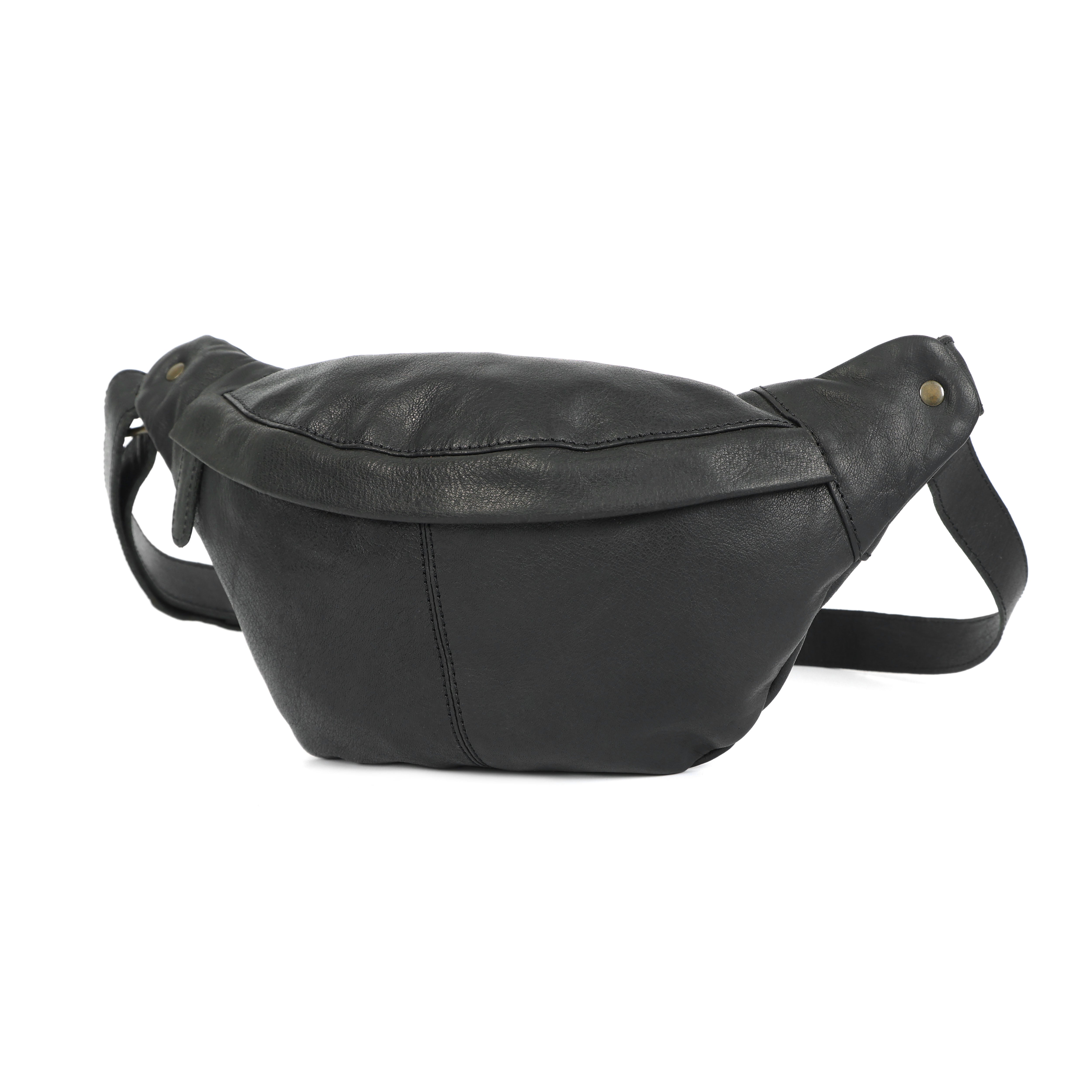 black full-grain leather fanny pack with a central zippered compartment and an adjustable belt strap