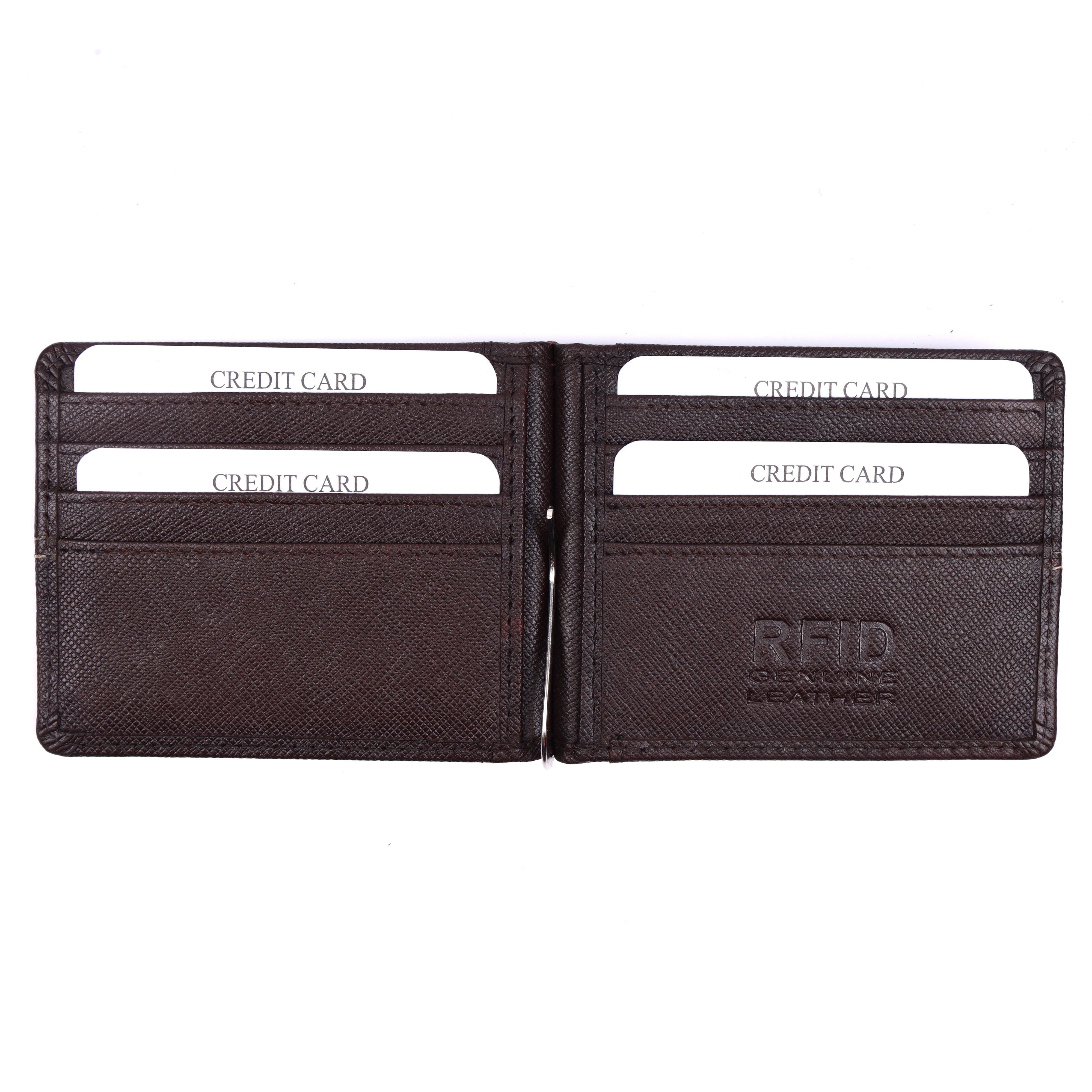Open interior of GM Leather dark brown wallet showcasing internal RFID security lining, card slots, and integrated silver money clip.