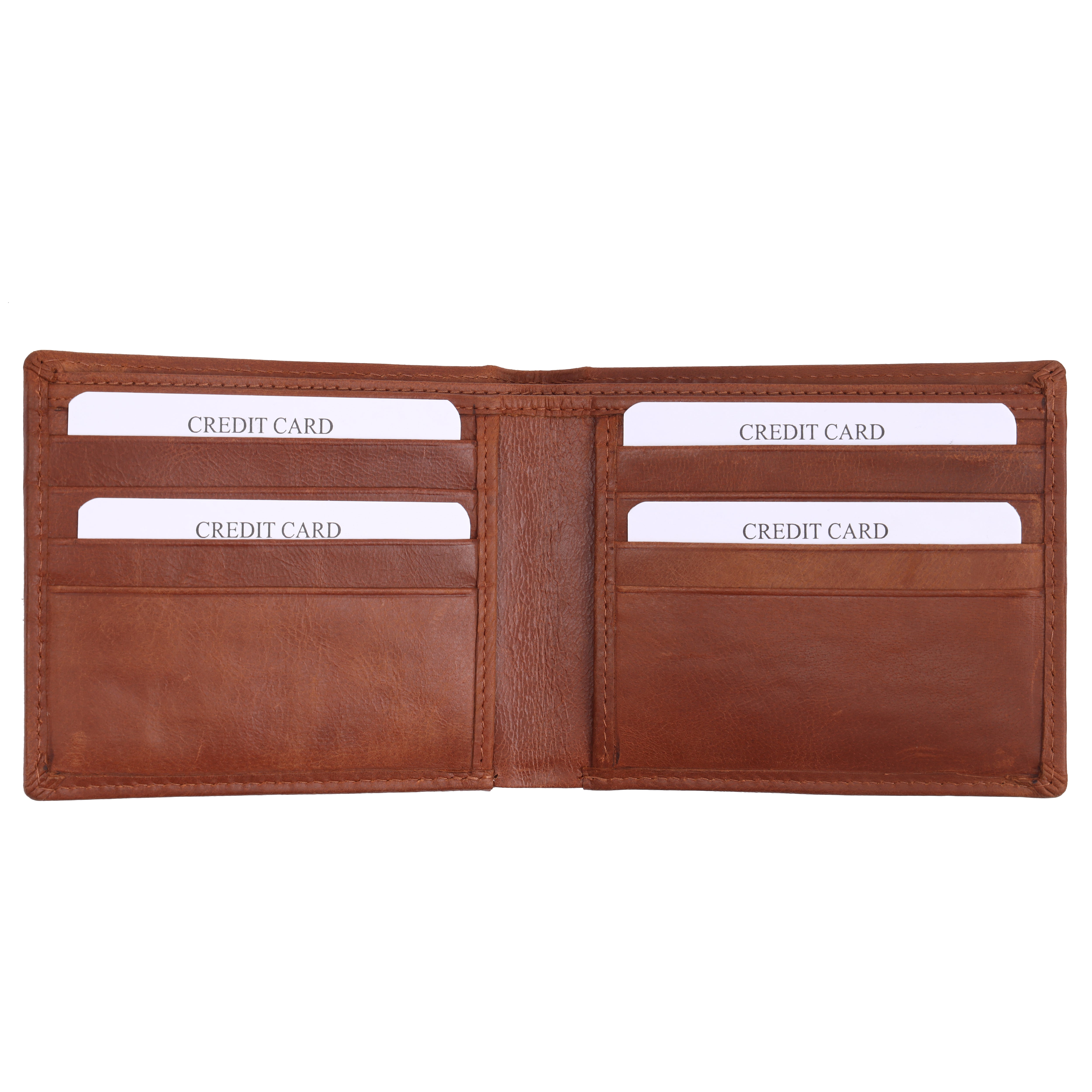 Symmetrical interior layout of GM Leather tan classic bifold wallet displaying horizontal credit card slots.