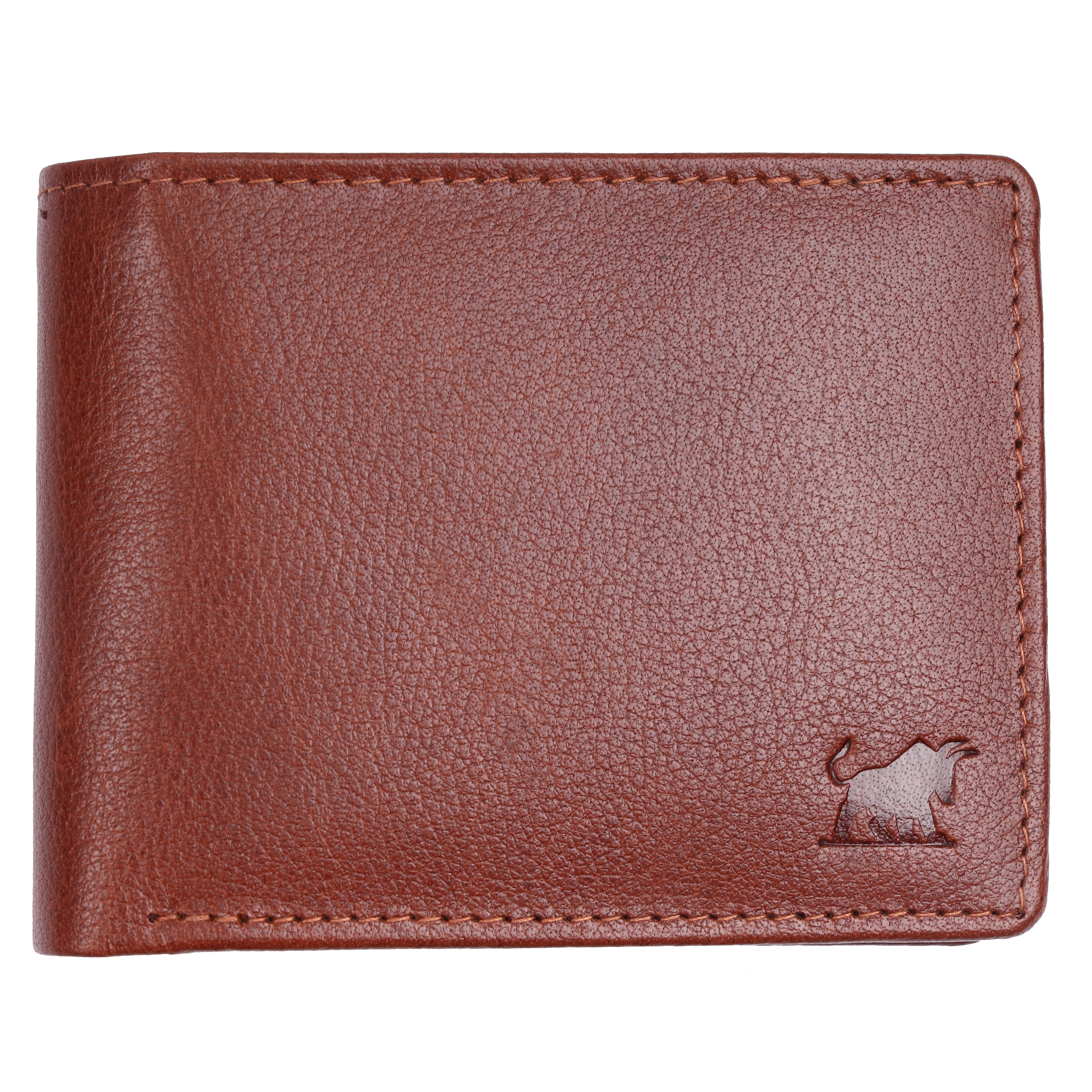 Open interior view of GM Leather tan brown wallet showing horizontal card slots, detailed RFID stamp, and a clear ID window panel.