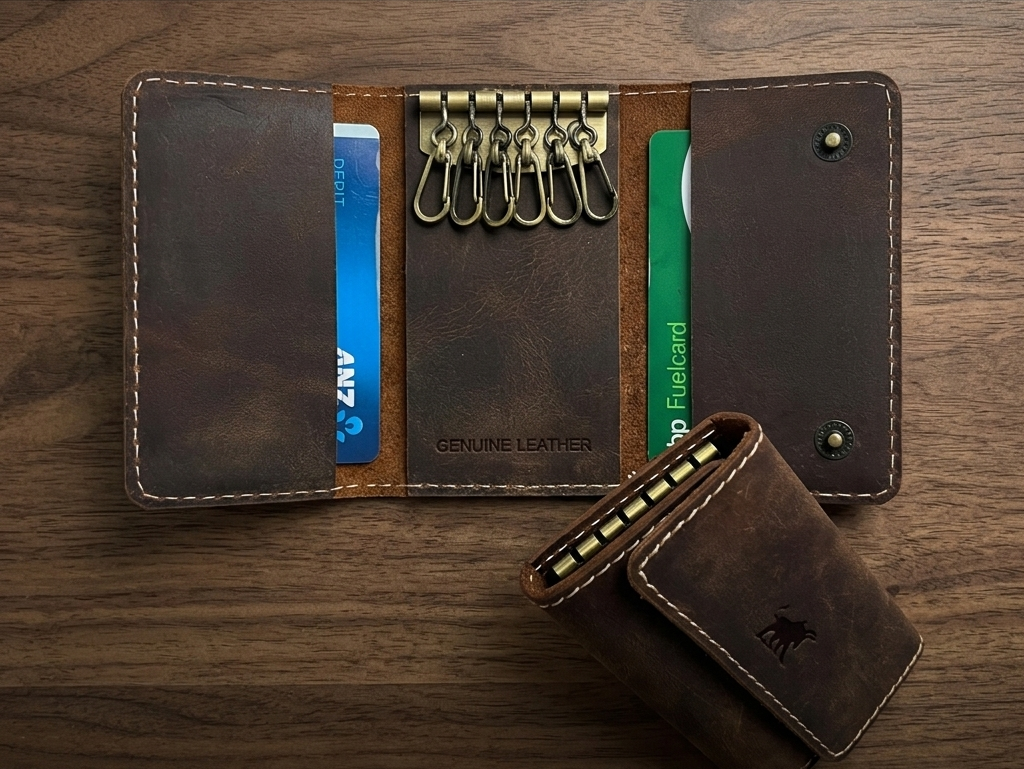 Brown leather key and card wallet with keychain on a wooden surface, branded 'Nomad Leather Goods'.