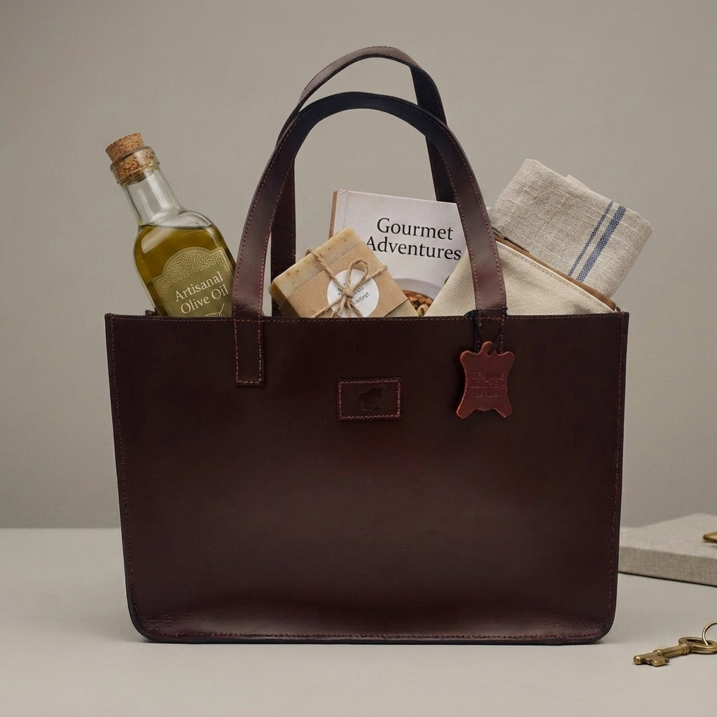 A dark brown leather tote bag with dual top handles, shown filled with various items including a bottle of olive oil, a book, and a cloth napkin. The bag features a small leather logo patch on the front and a hanging leather tag, set against a neutral beige background.