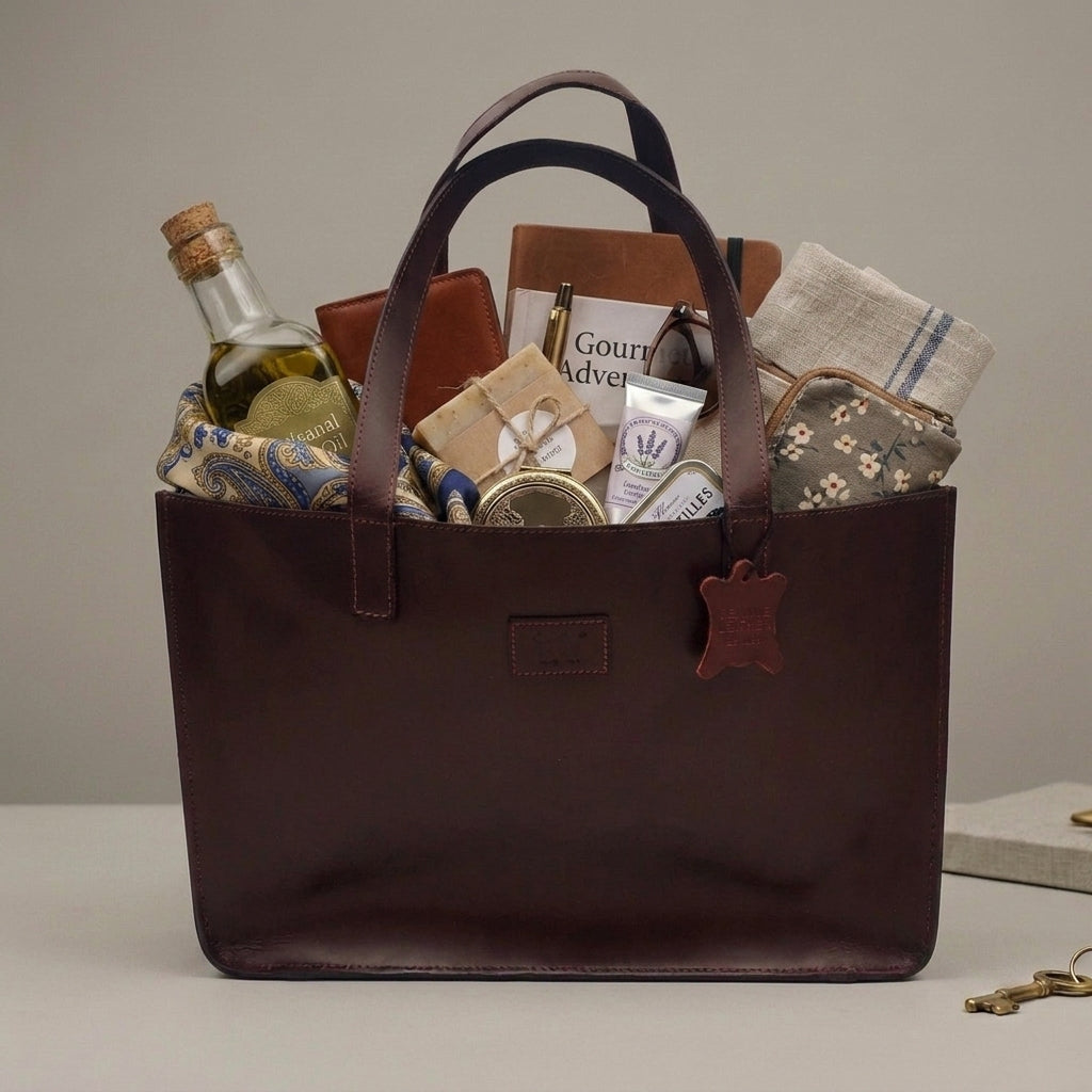 A dark brown leather tote bag filled with assorted gift items, including a bottle, wallet, book, tube, pouch, and fabric, photographed on a light tabletop against a neutral gray background.