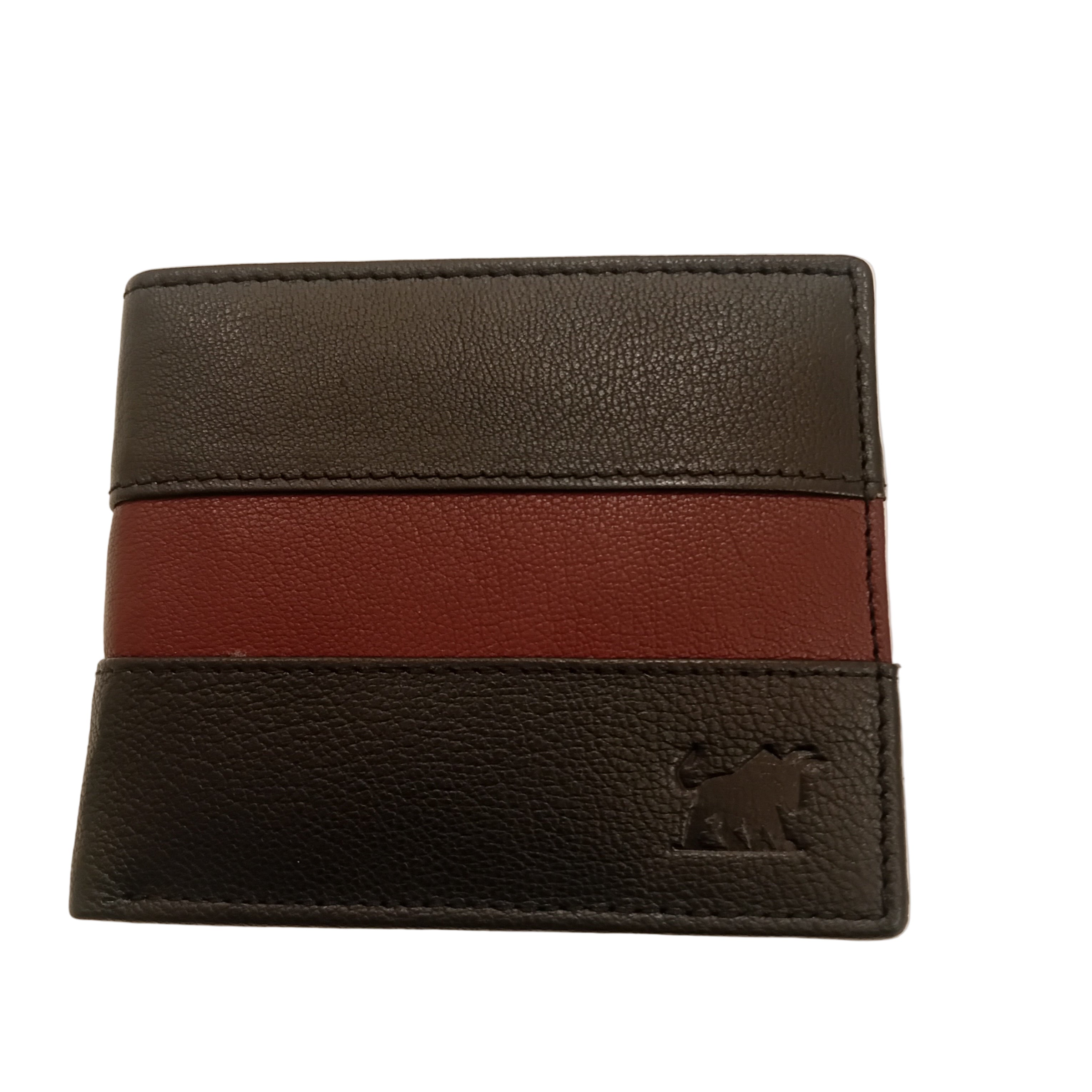 Black leather wallet with a red stripe on a beige background