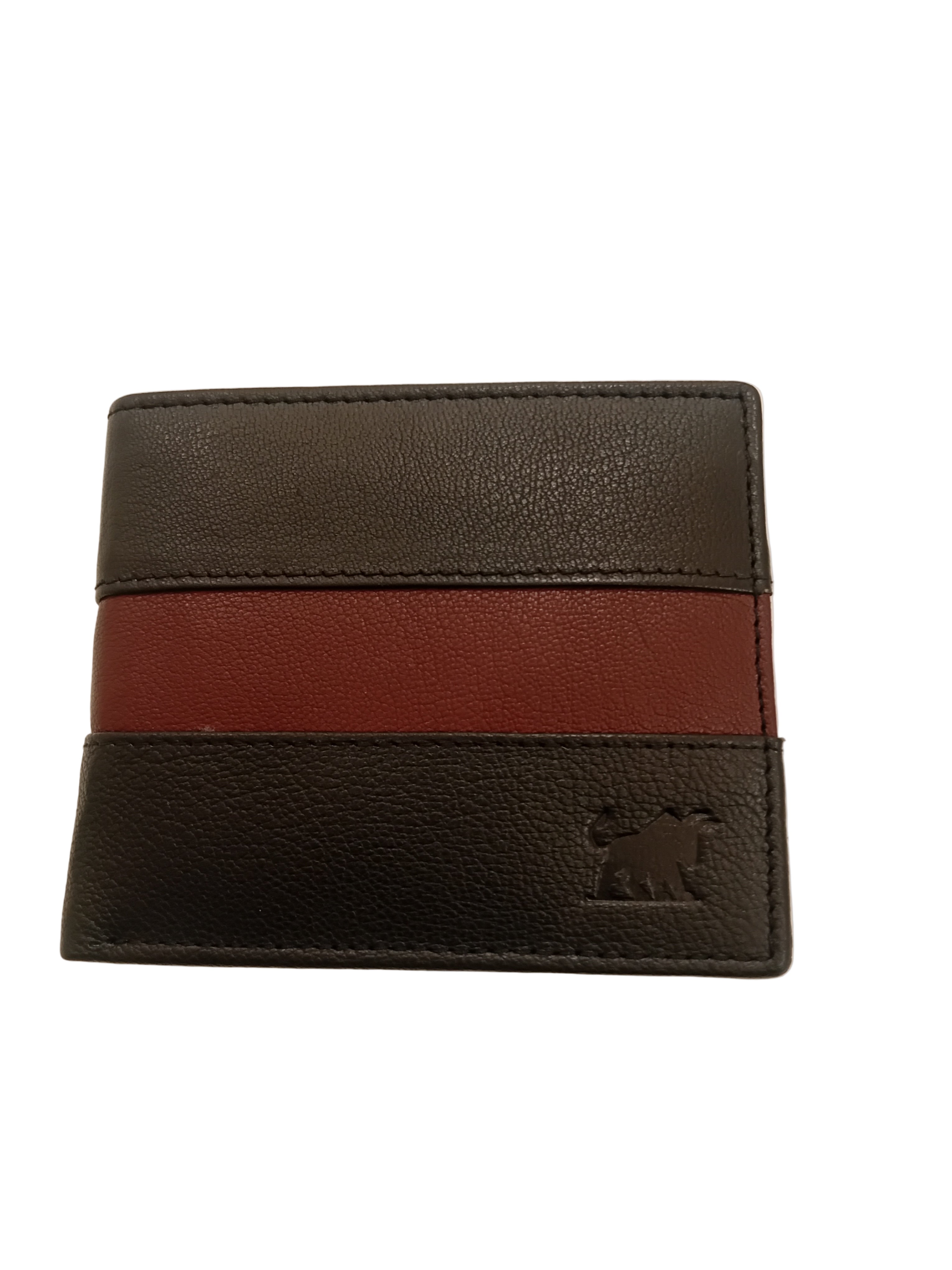 Black leather wallet with a red stripe on a beige background