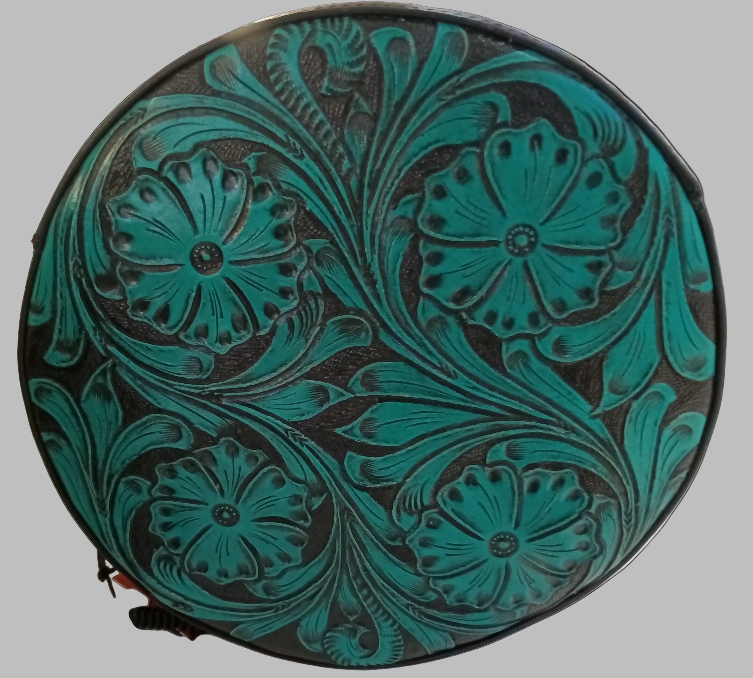 Round bag with teal floral pattern on a white surface