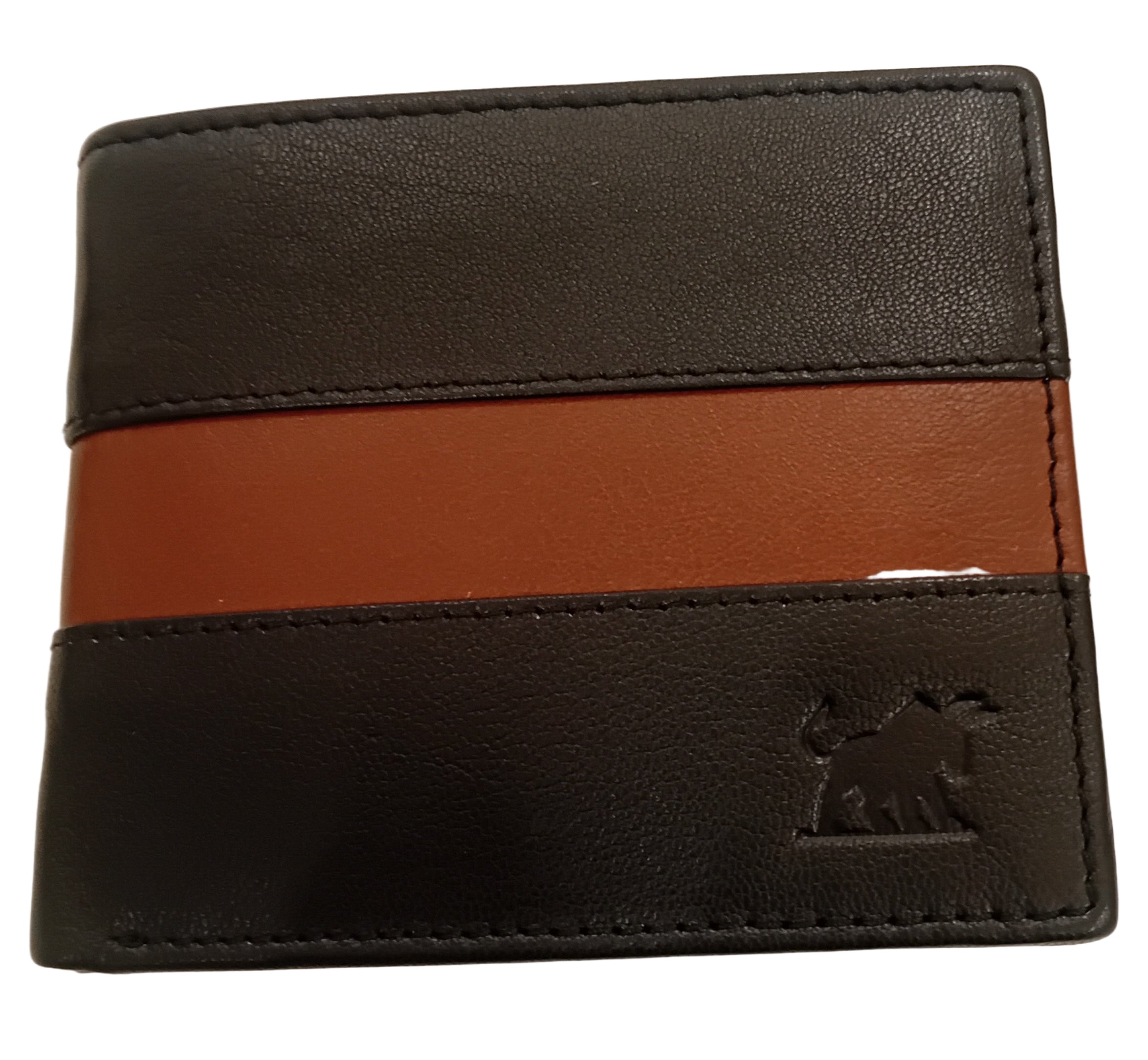 Black leather wallet with a brown stripe on a white surface
