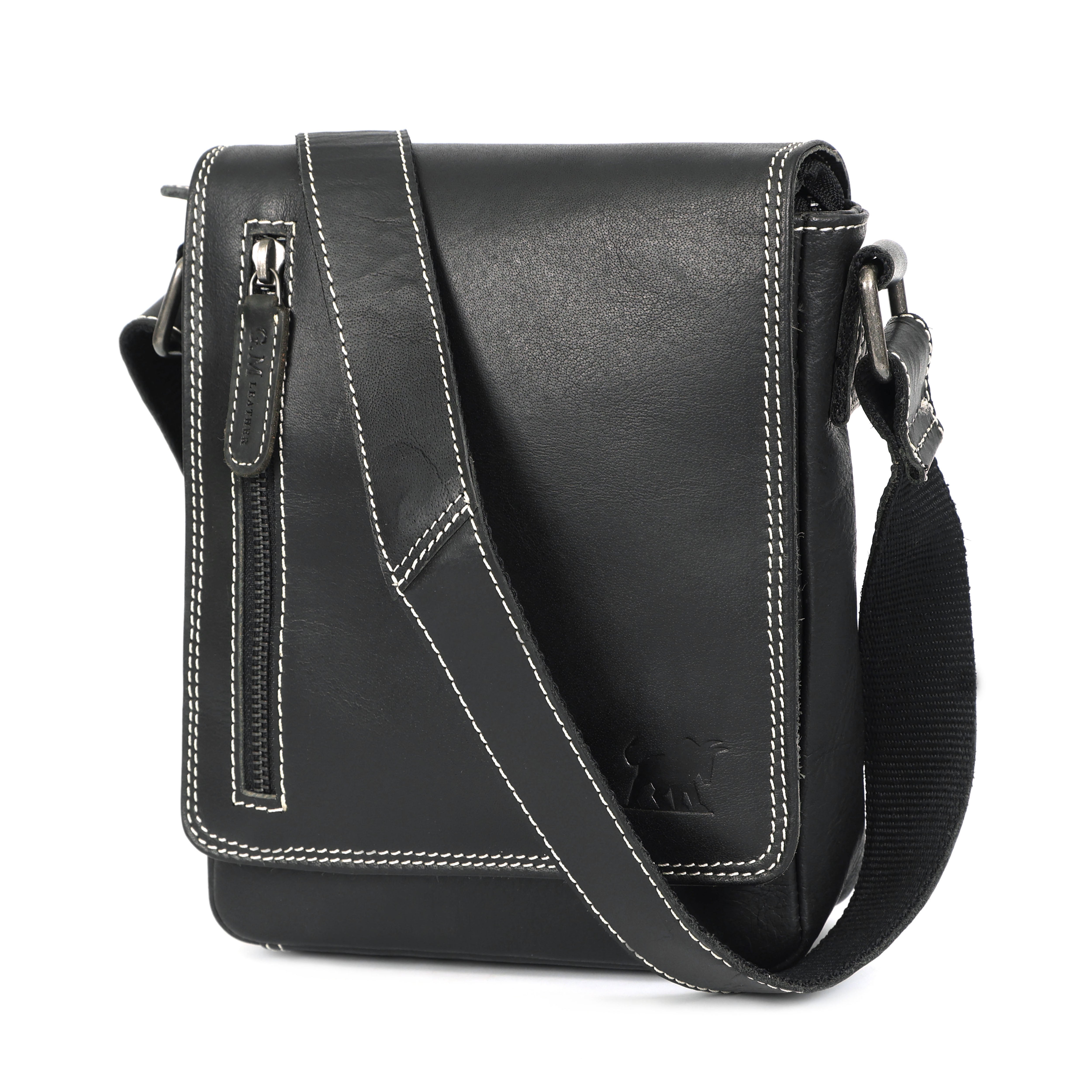 SnepGear leather messenger bag featuring white contrast stitching, a front vertical zippered pocket, and a flap-over closure with a bull logo.