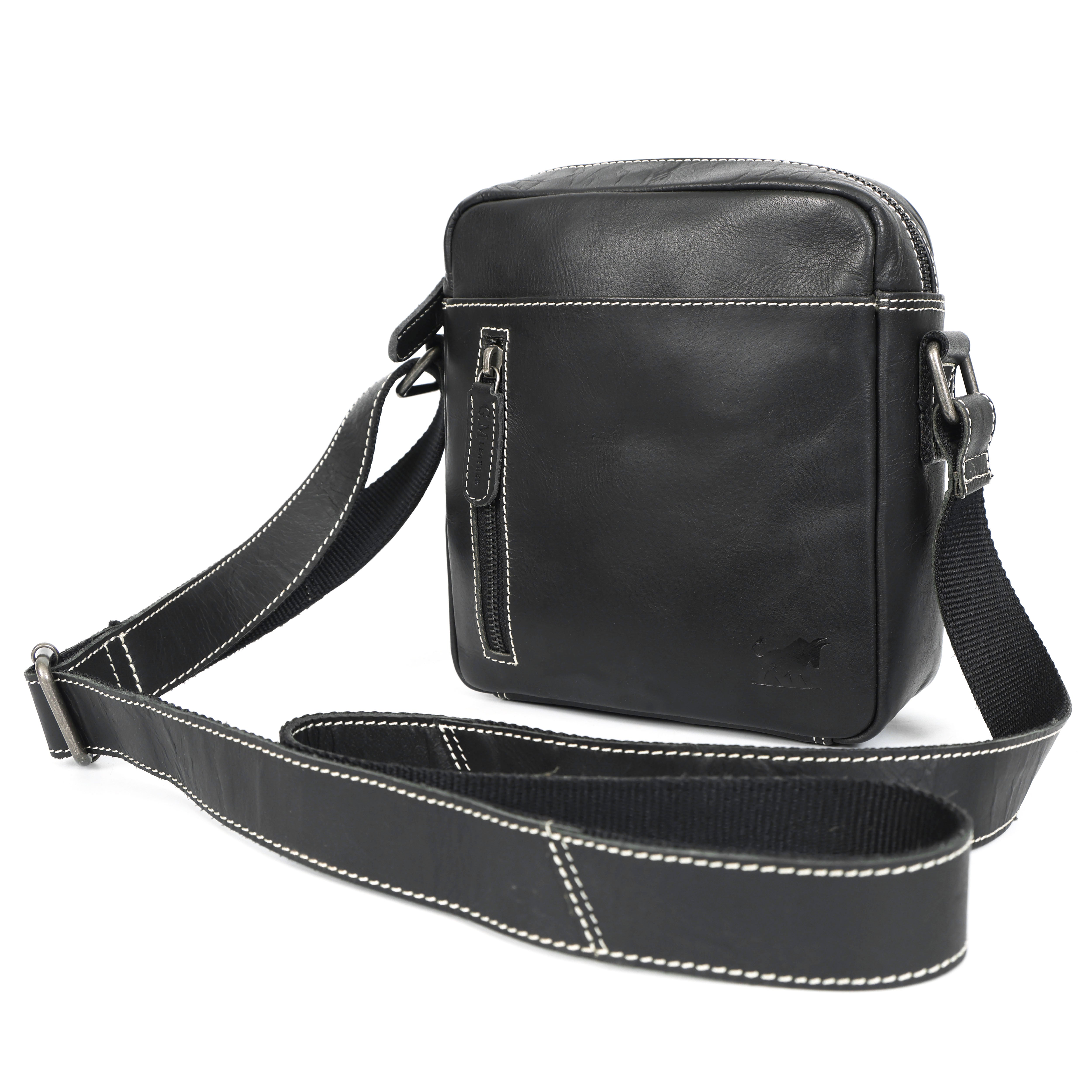 black leather sling bag featuring white contrast stitching, a front vertical zippered pocket, a top zipper, and a bull logo on the lower right.