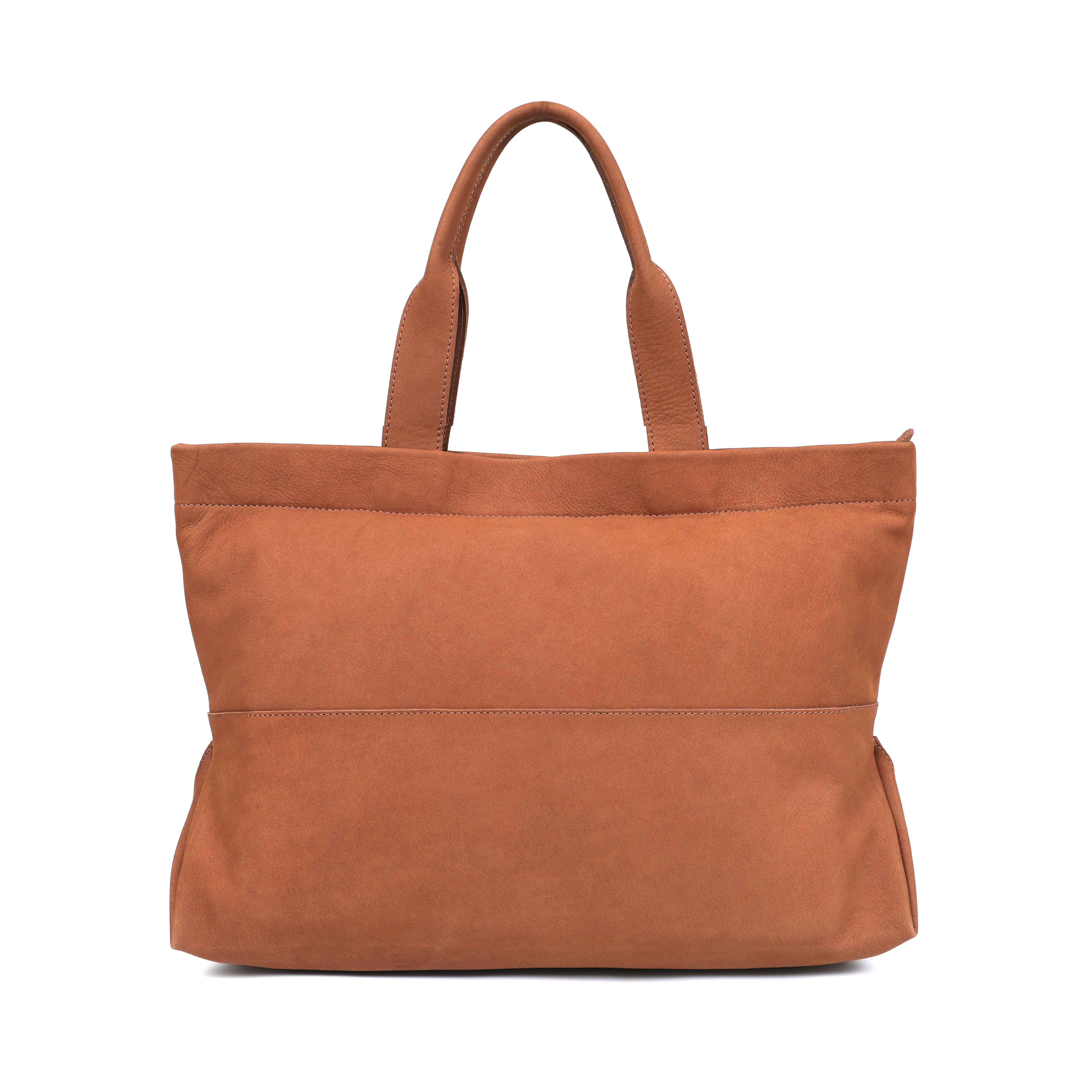spacious brown leather tote bag with a zipper-top closure, showing the interior lining and internal pocket