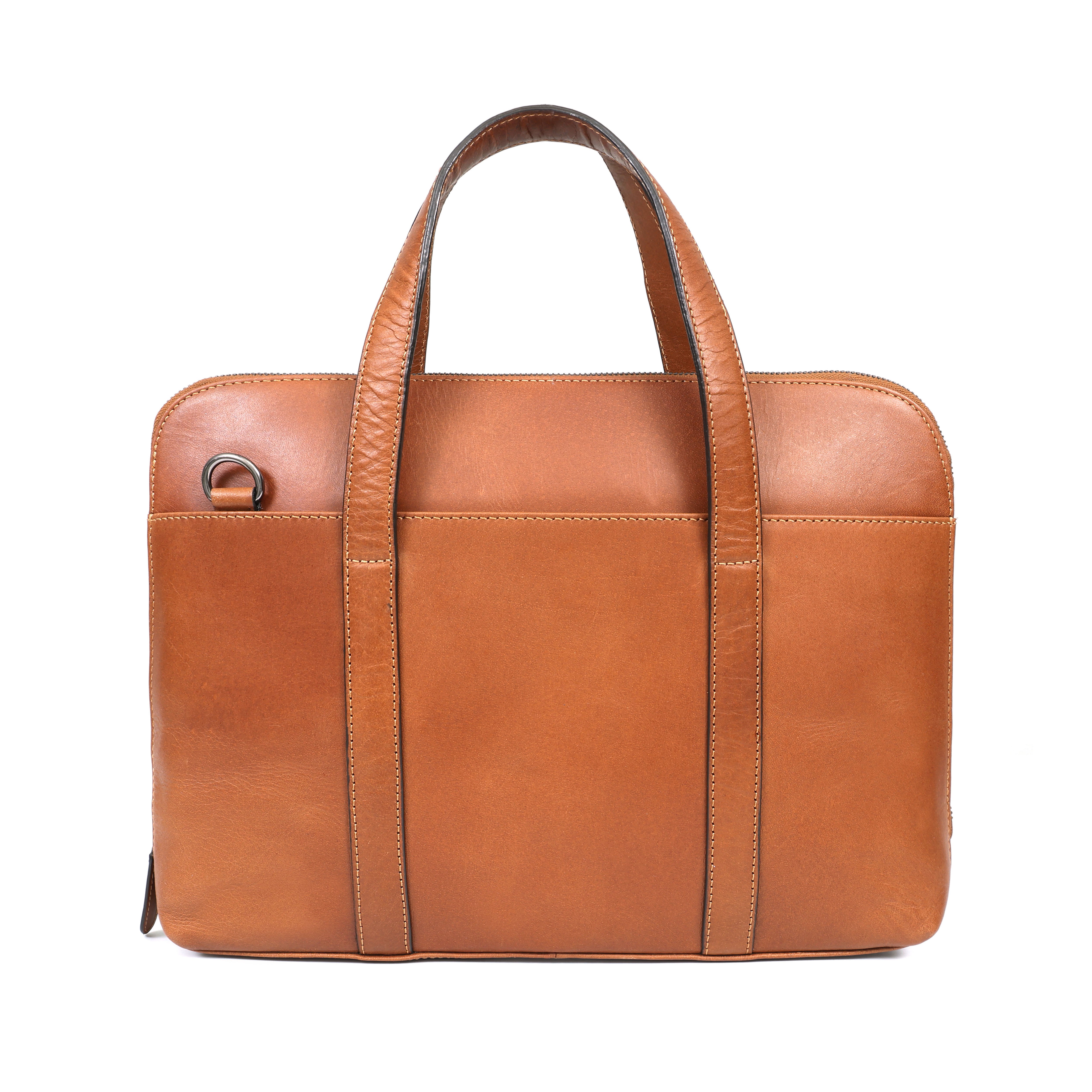 Tan full-grain leather laptop briefcase with detachable shoulder strap, classic style, plaid interior lining, GM Leather Auckland