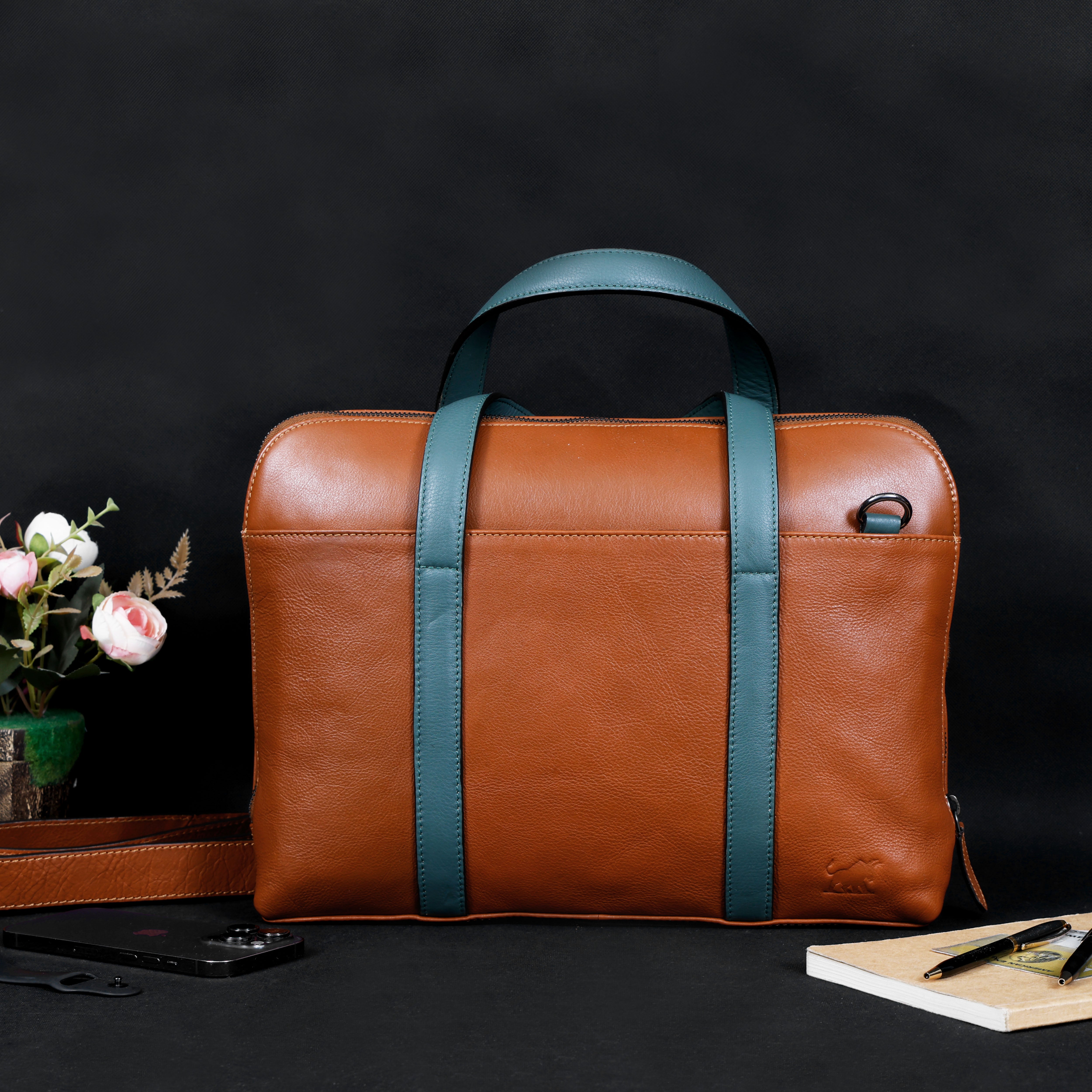 Tan leather laptop bag with sage green handles and strap, two-tone business briefcase, bright work bag, GM Leather Auckland