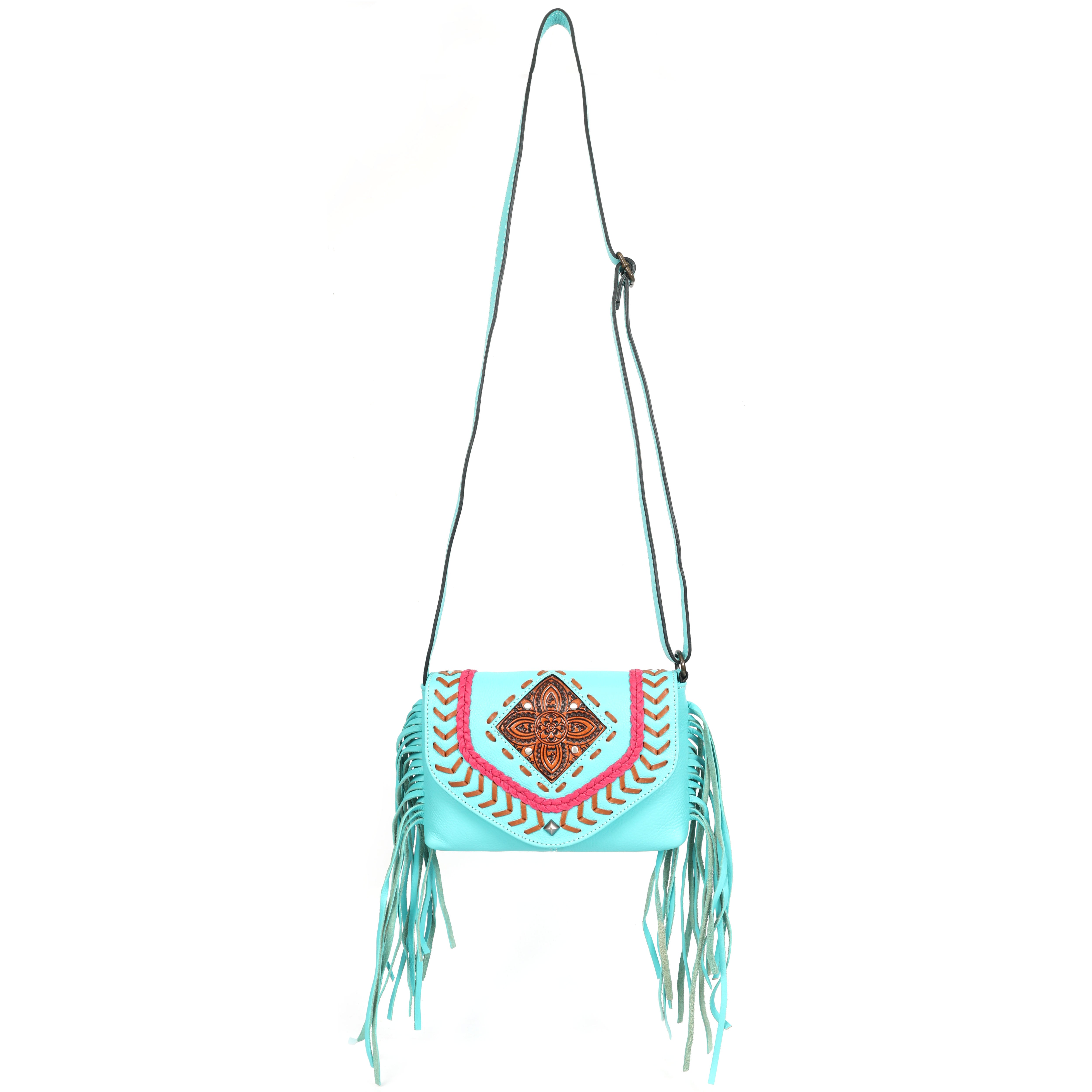 Turquoise handbag with fringe details on a white background