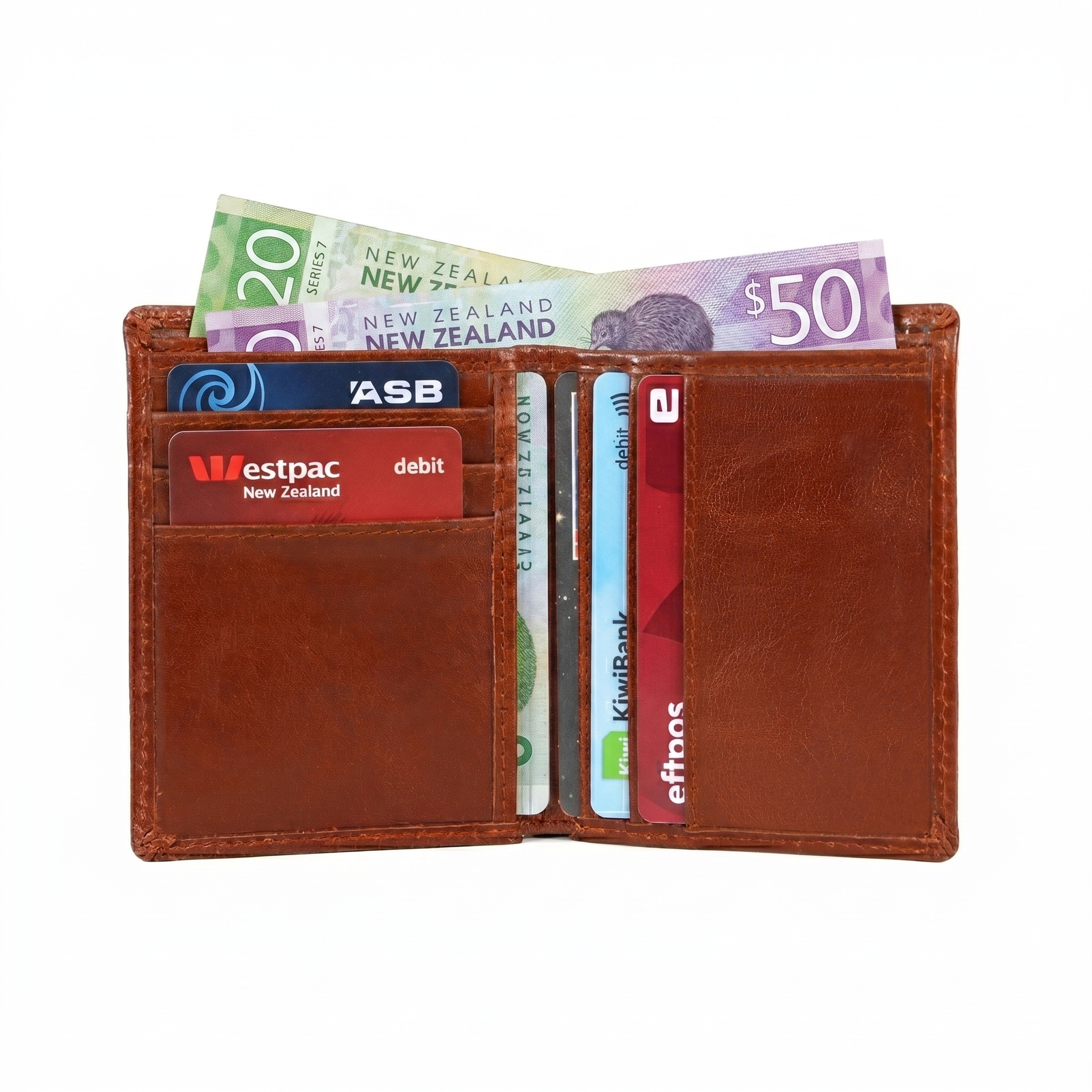 GM Leather handcrafted vertical bifold interior showing the multi-slot card holder arrangement filled with credit cards and the top currency compartment holding New Zealand twenty and fifty-dollar banknotes.