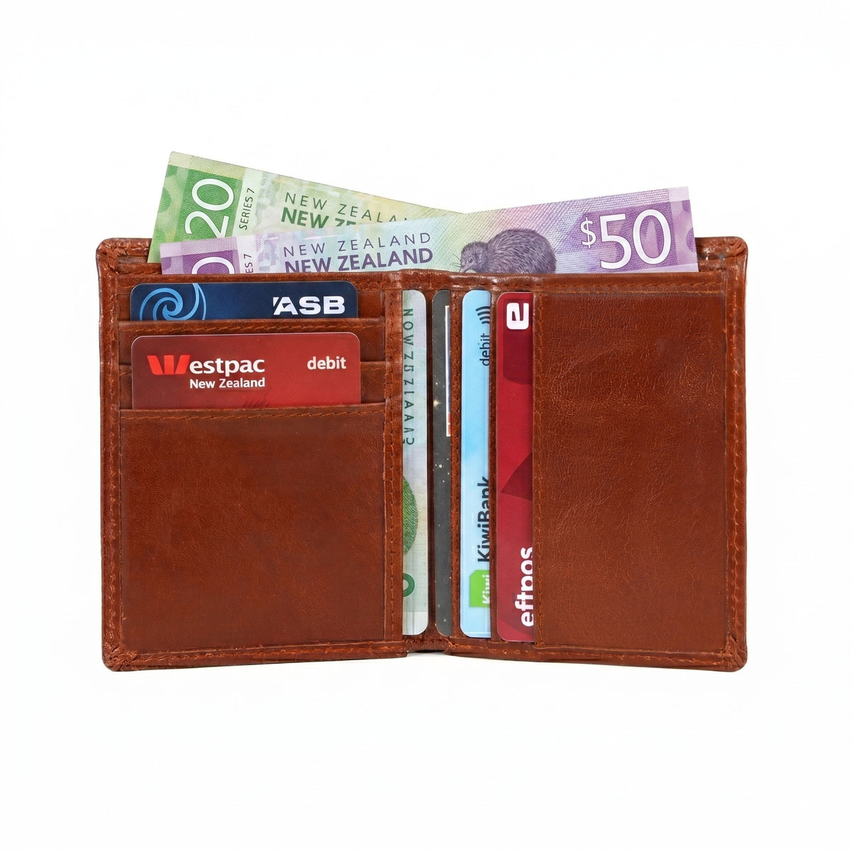 GM Leather handcrafted vertical bifold interior showing the multi-slot card holder arrangement filled with credit cards and the top currency compartment holding New Zealand twenty and fifty-dollar banknotes.